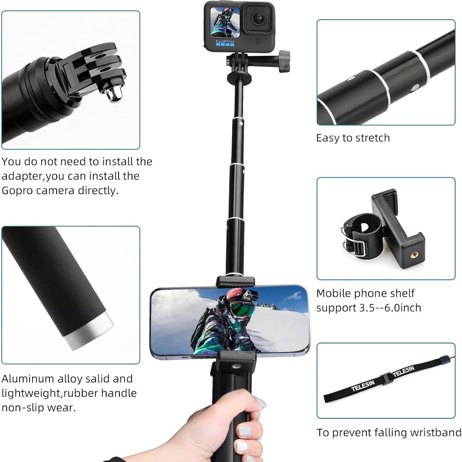 Palo Selfie AFAITH con Trípode para GoPro y Smartphones