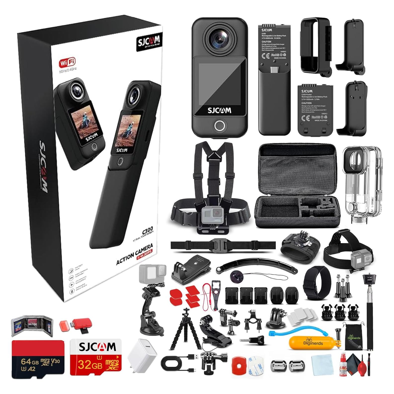C300 4K Dual Touchscreen Action Camera | Ultra HD Compact Vlogging Cam with Front and Rear Screens | Waterproof Mini Camera (C300B) + 50-in-1 Action Kit + 64GB Card + USB-C Adapter + More