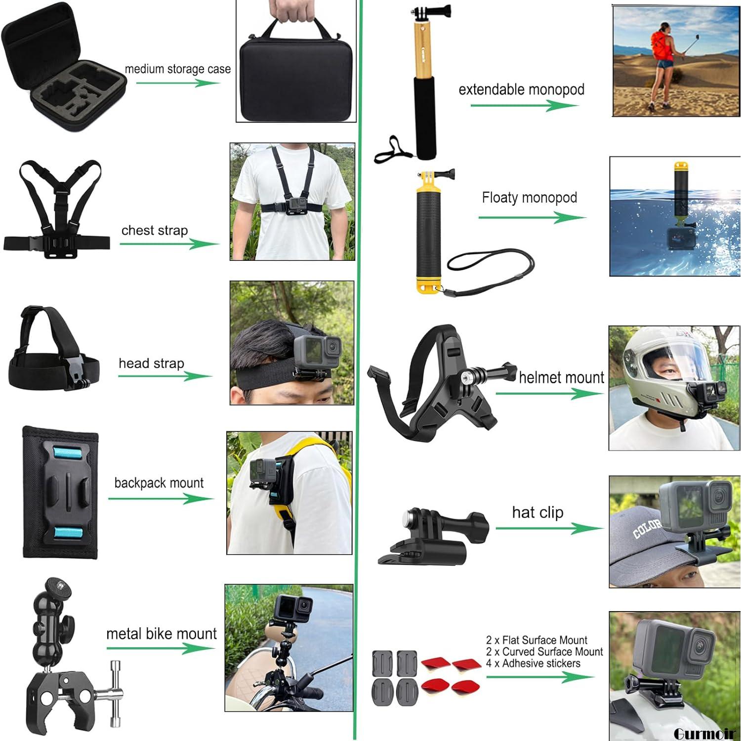 Kit de Accesorios Gurmoir para Cámaras de Acción - Montajes y Bastón