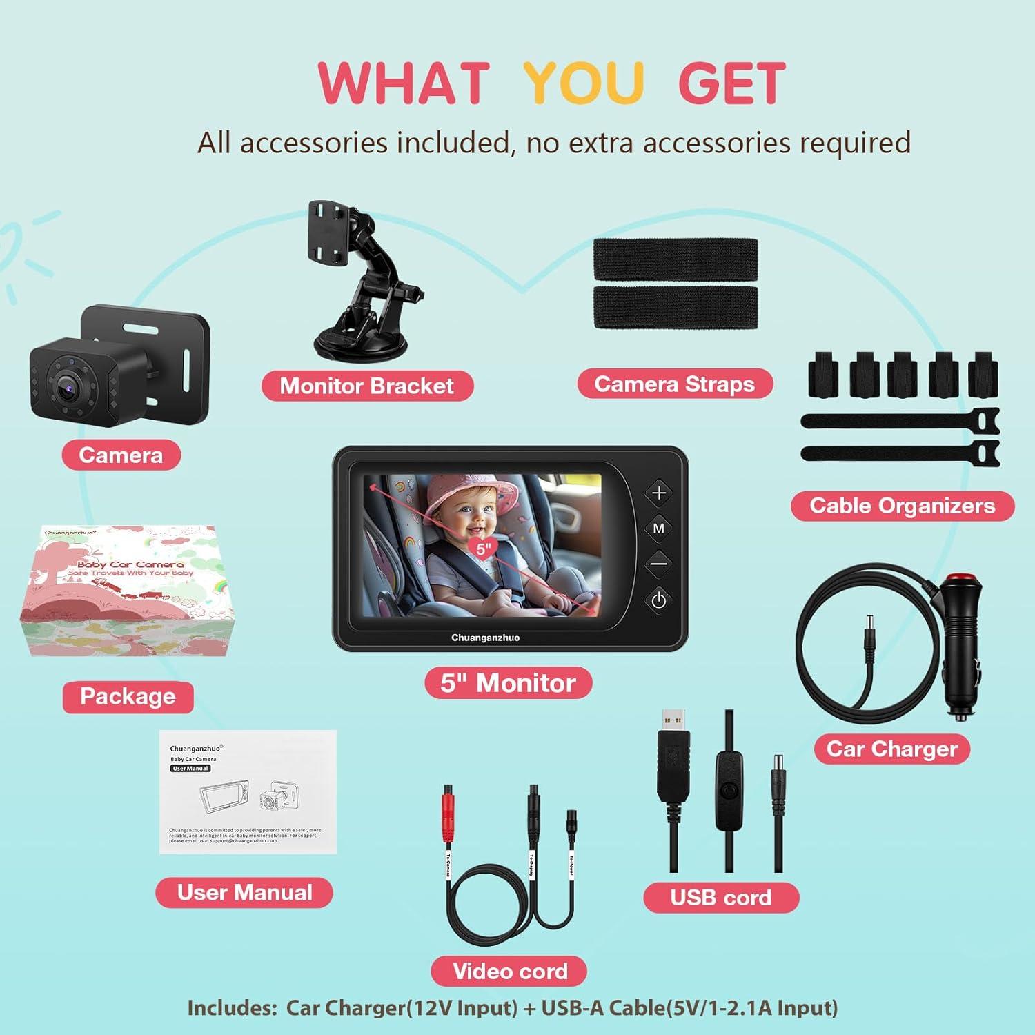 Cámara para Bebés S100P - Monitor de Coche 5" HD 1080P