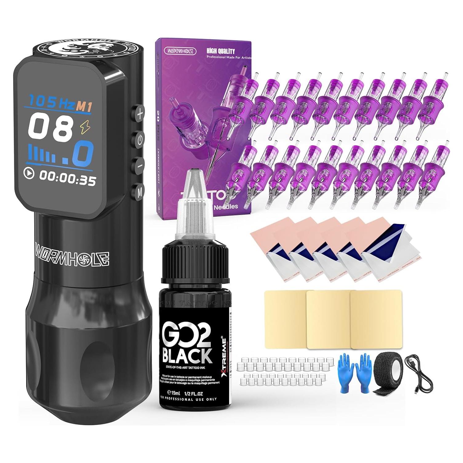 Kit de Tatuaje Inalámbrico Wormhole 1500mAh con Agujas y Tinta