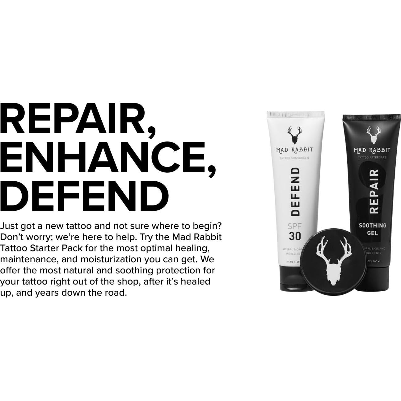 Kit de Cuidado de Tatuajes Mad Rabbit - 3 Piezas Gel, Balsamo y SPF 30
