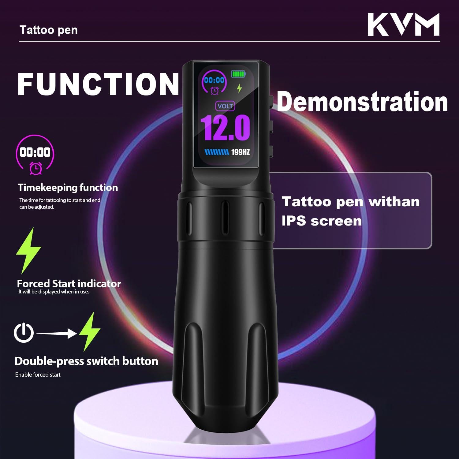 Kit de Tatuaje KVM Profesional con Pantalla IPS y 20 Cartuchos
