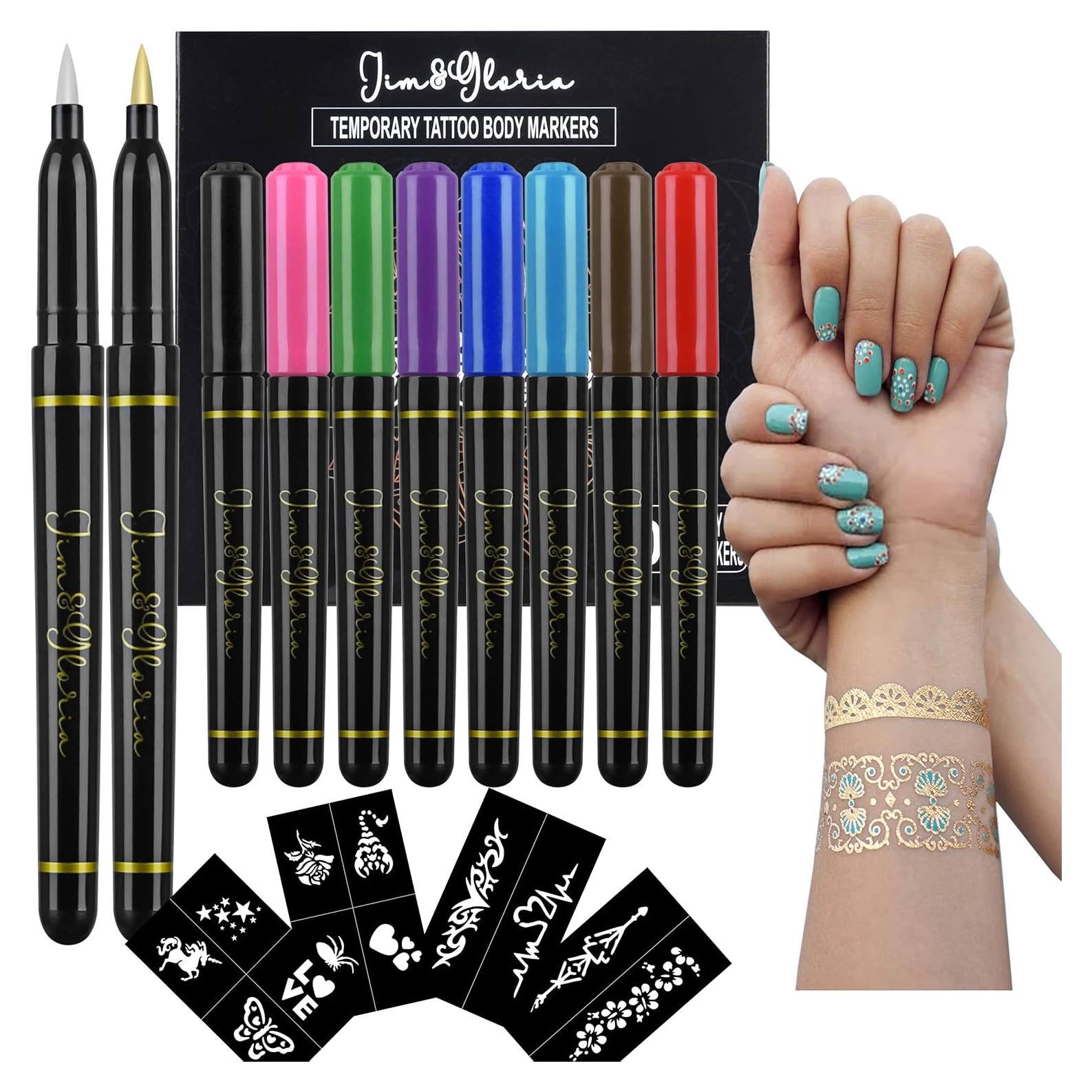 Marcadores de Tatuajes Temporales Jim&Gloria 10 Colores Oro y Plata