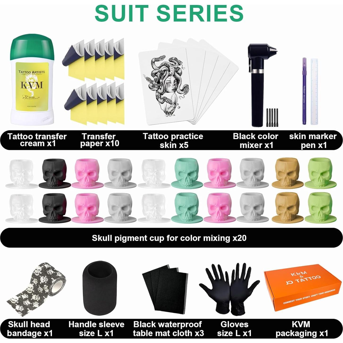 Kit de Tatuaje Completo KVM 46 Piezas con Tazas de Tinta y Transferencia