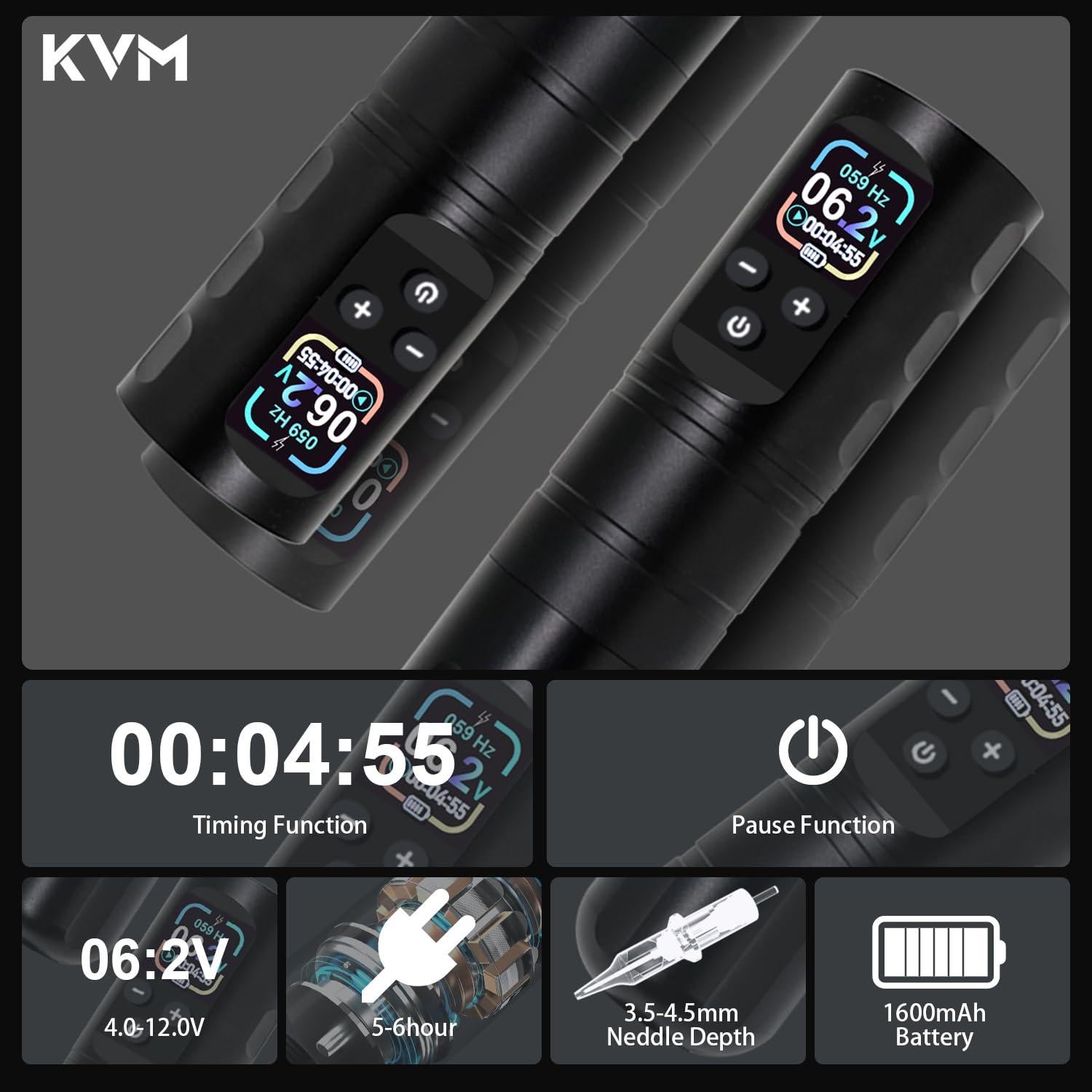 Kit de Tatuaje Inalámbrico KVM con Pluma OLED y 57 Accesorios