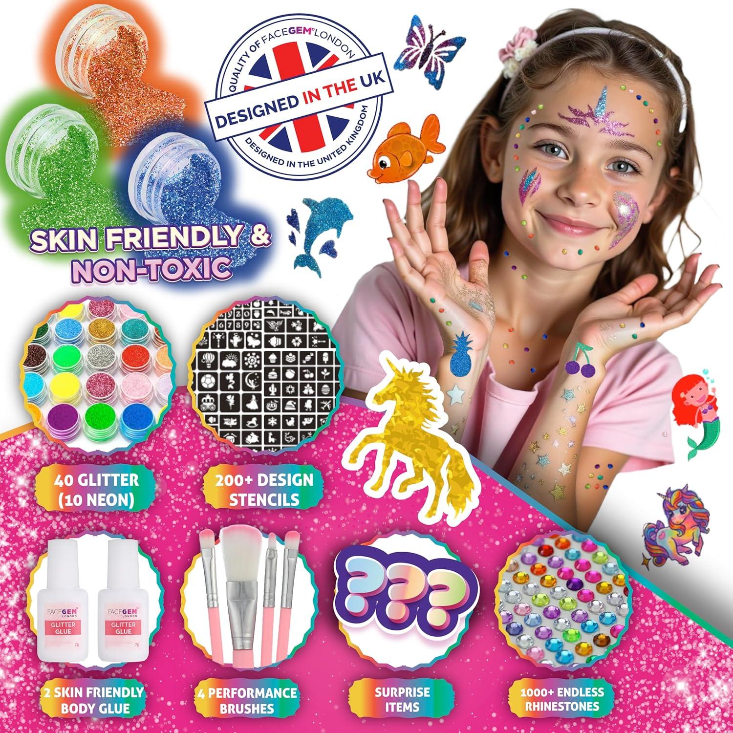 Kit de Tatuajes de Brillo para Niños FACEGEM 40 Colores 200+ Plantillas