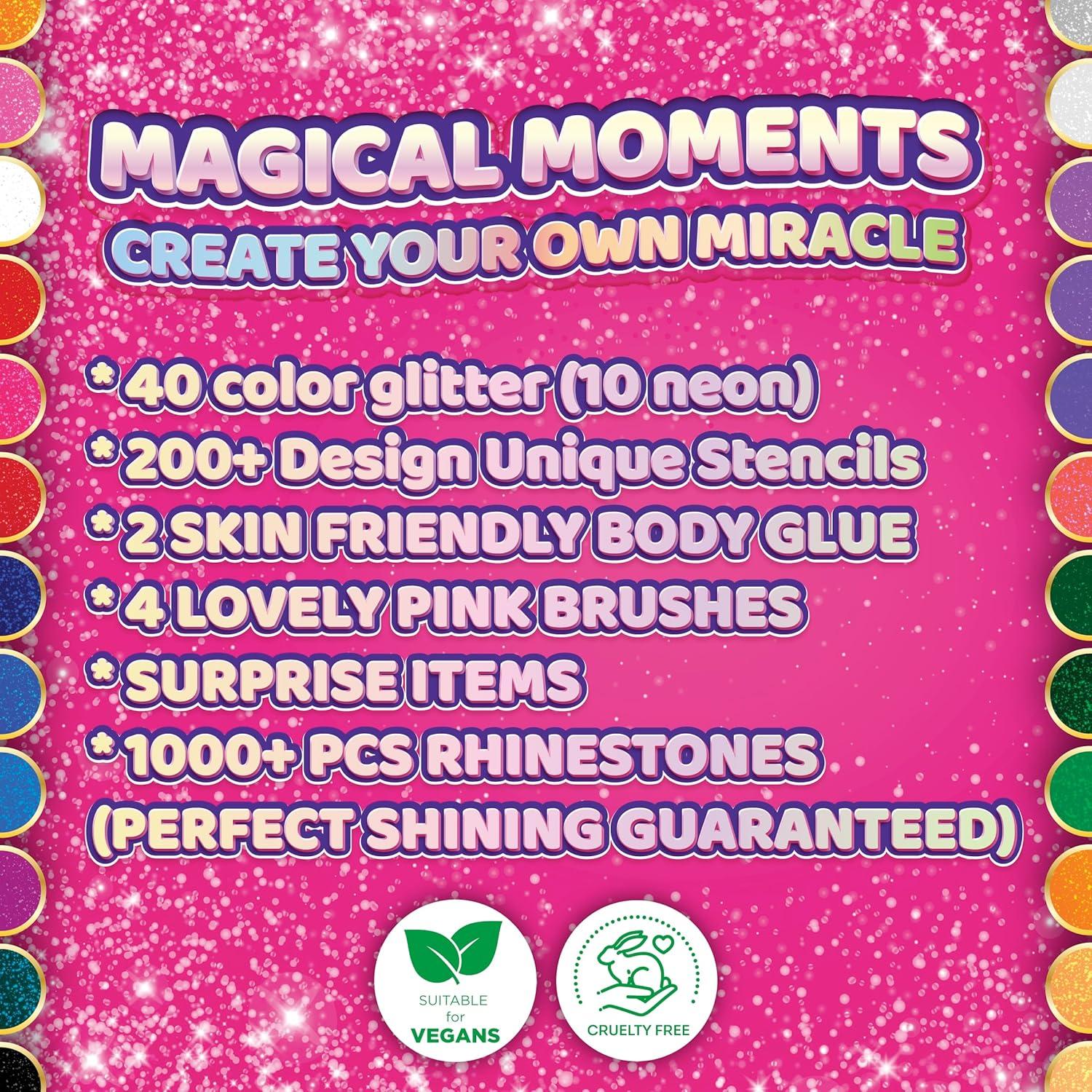 Kit de Tatuajes de Brillo para Niños FACEGEM 40 Colores 200+ Plantillas