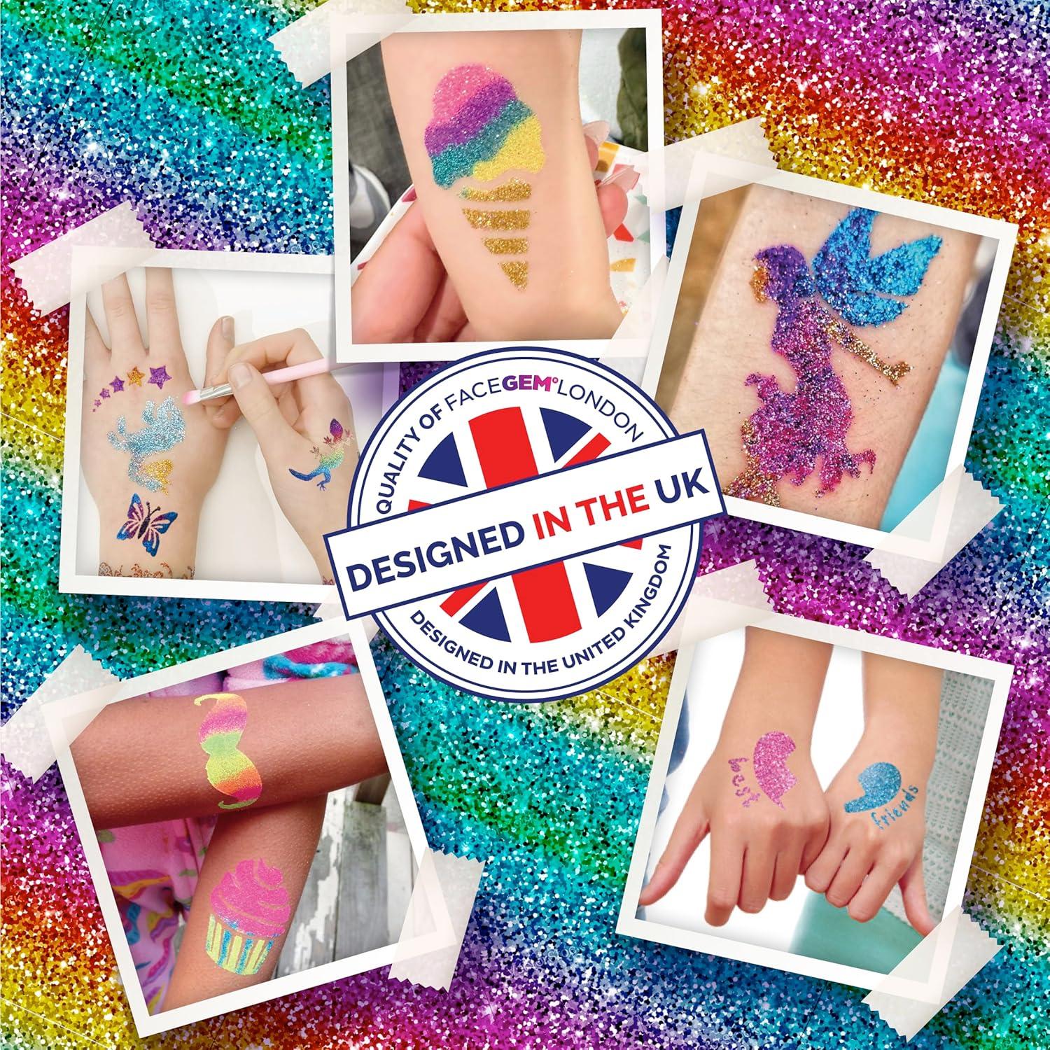 Kit de Tatuajes de Brillo para Niños FACEGEM 40 Colores 200+ Plantillas