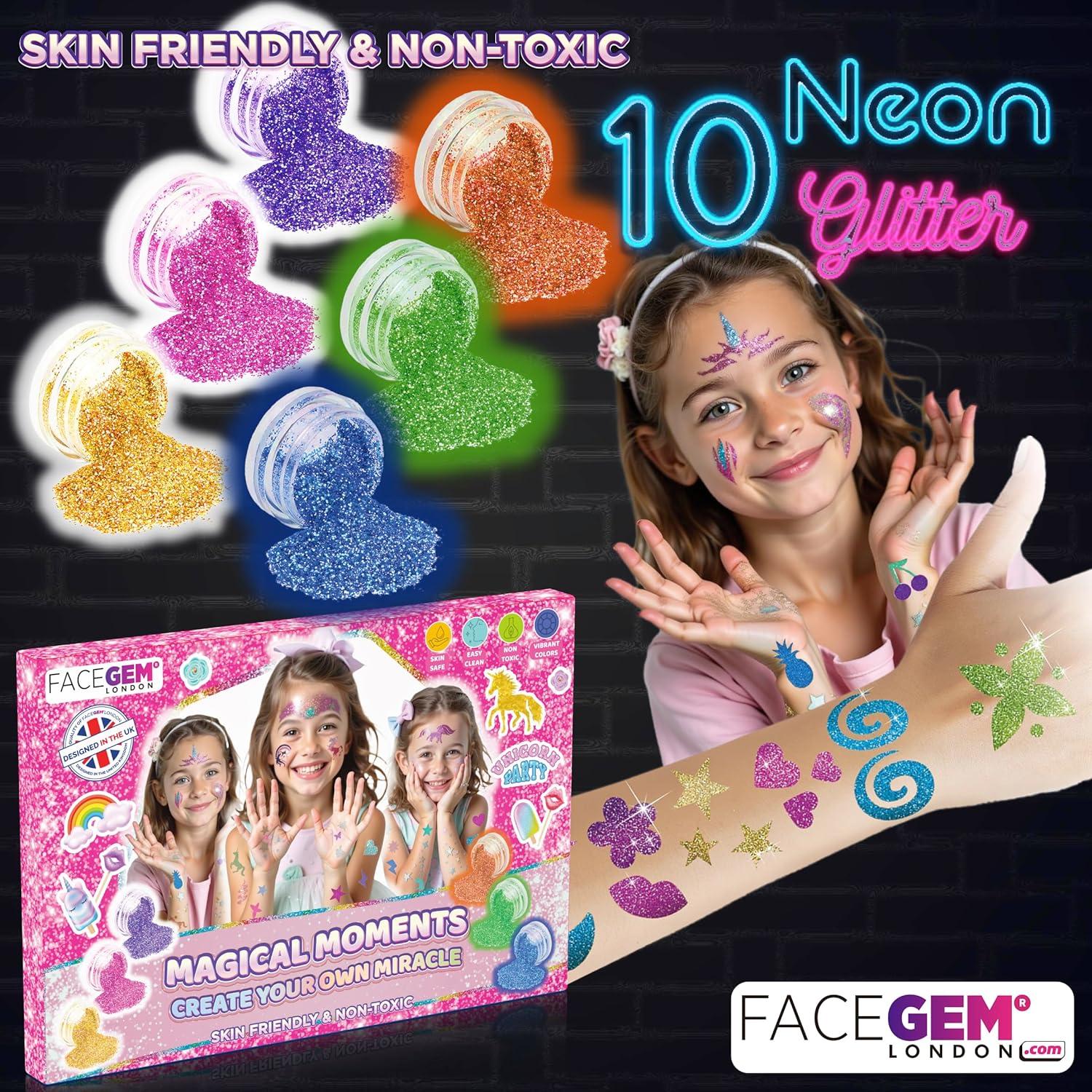 Kit de Tatuajes de Brillo para Niños FACEGEM 40 Colores 200+ Plantillas