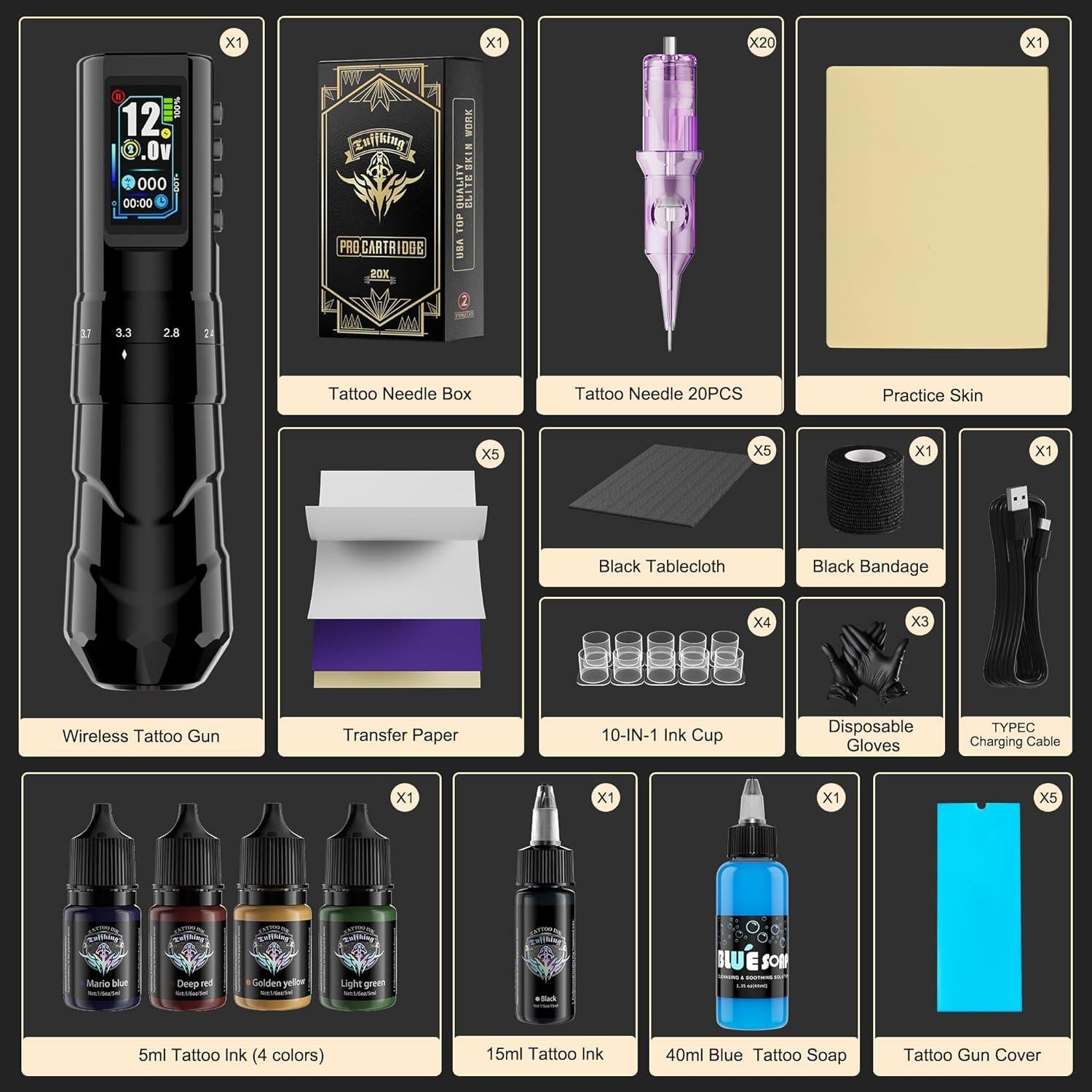 Kit de Tatuaje Tuffking - Máquina Rotativa Inalámbrica 1600mAh