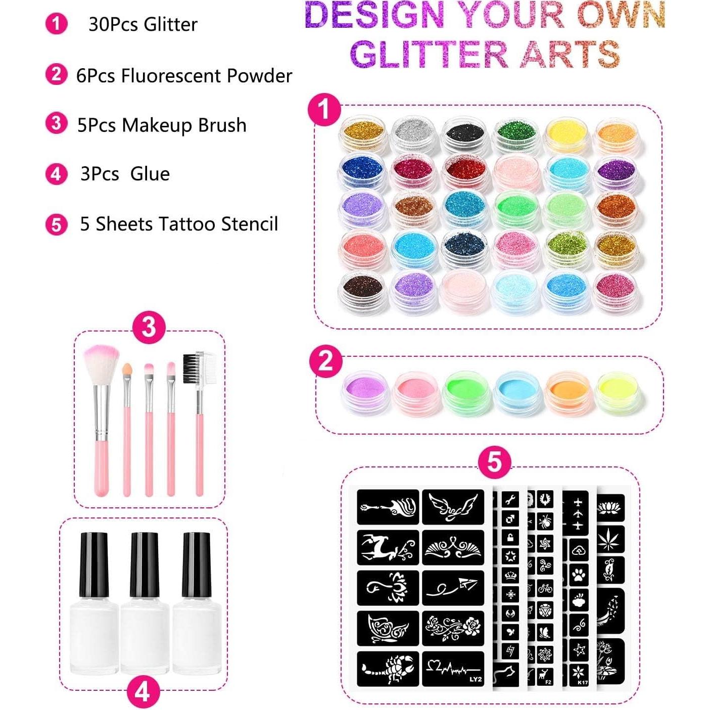 Kit de Tatuajes de Brillo Temporal DouborQ - 30 Colores, 3 Pegamentos, 5 Plantillas