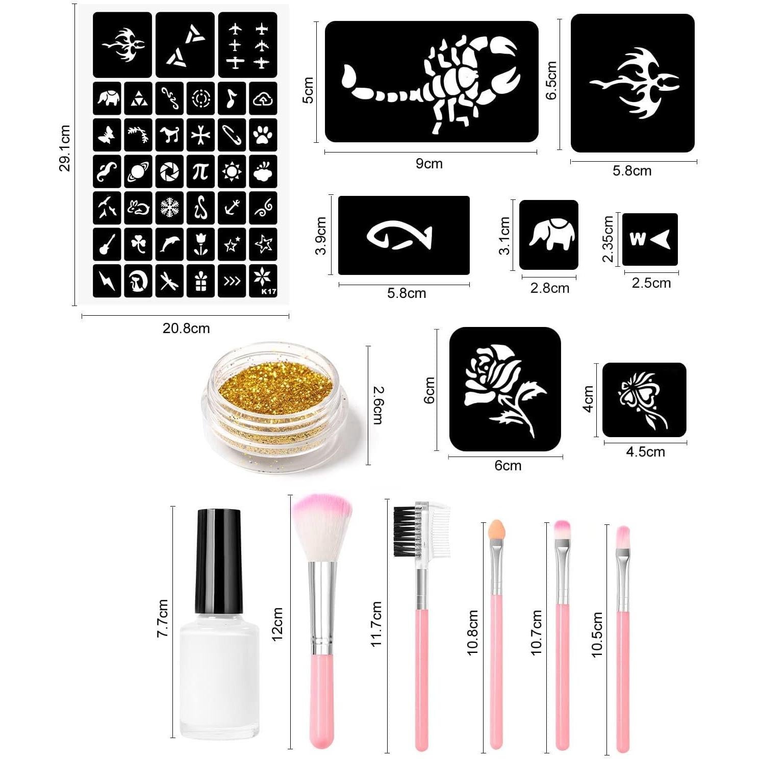 Kit de Tatuajes de Brillo Temporal DouborQ - 30 Colores, 3 Pegamentos, 5 Plantillas