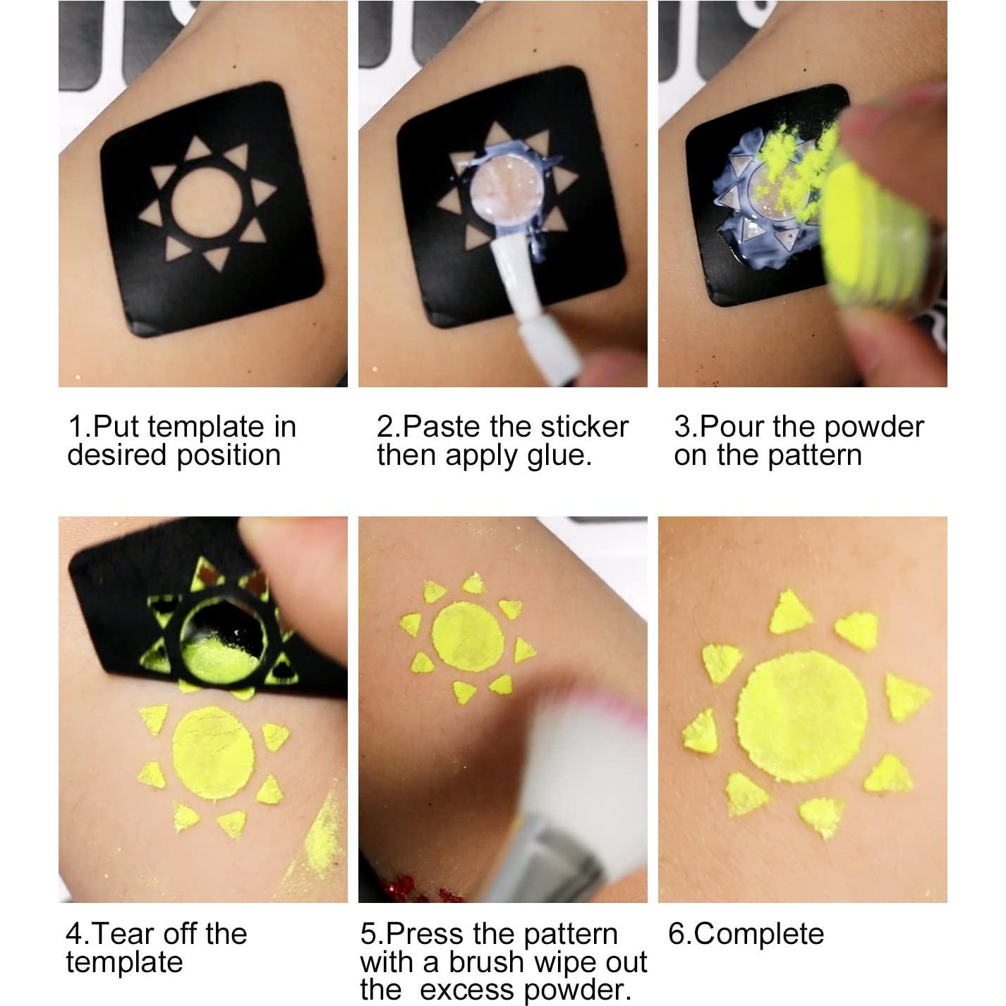 Kit de Tatuajes de Brillo Temporal DouborQ - 30 Colores, 3 Pegamentos, 5 Plantillas