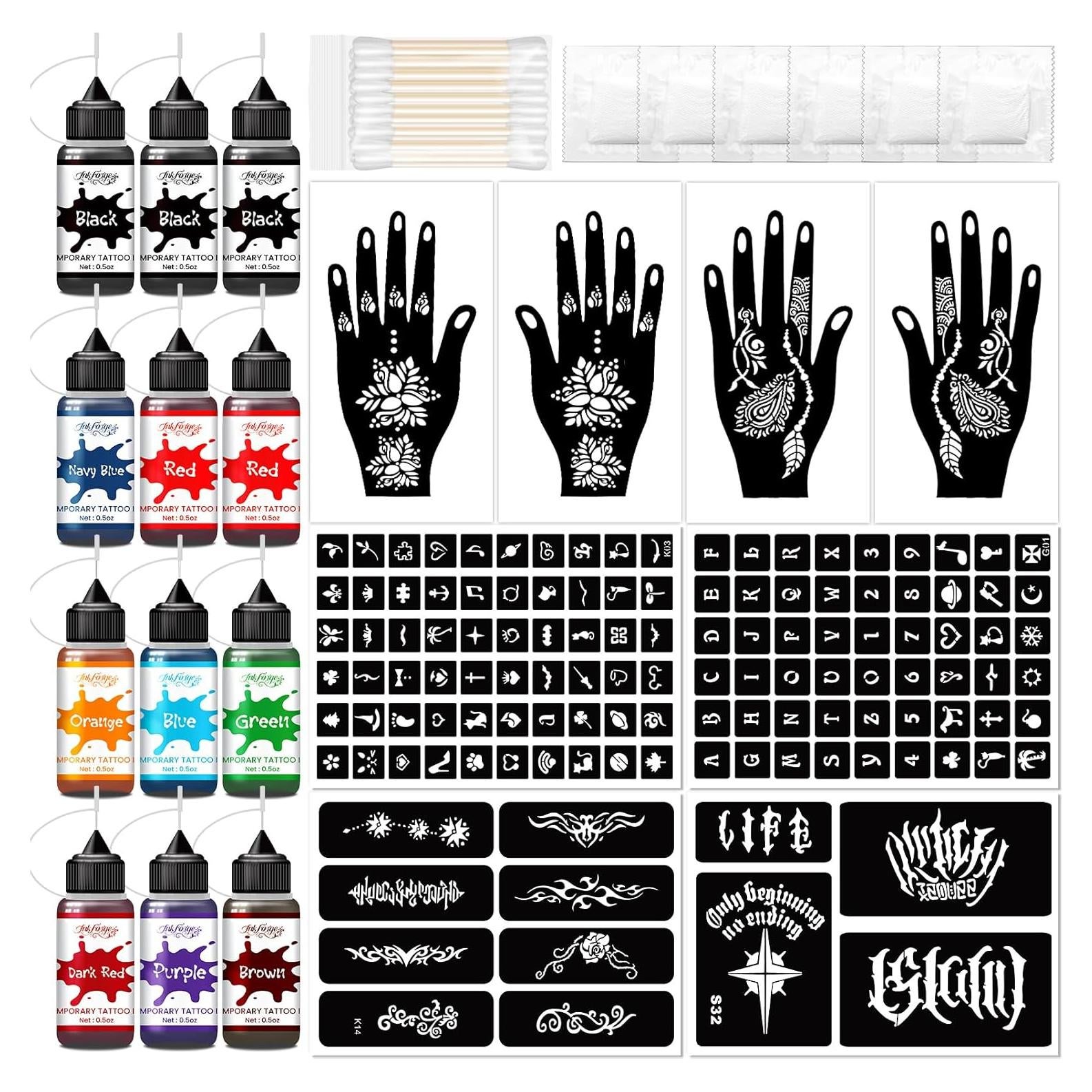 Kit de Tinta para Tatuajes Temporales InkForge - 12 Colores y 128 Plantillas