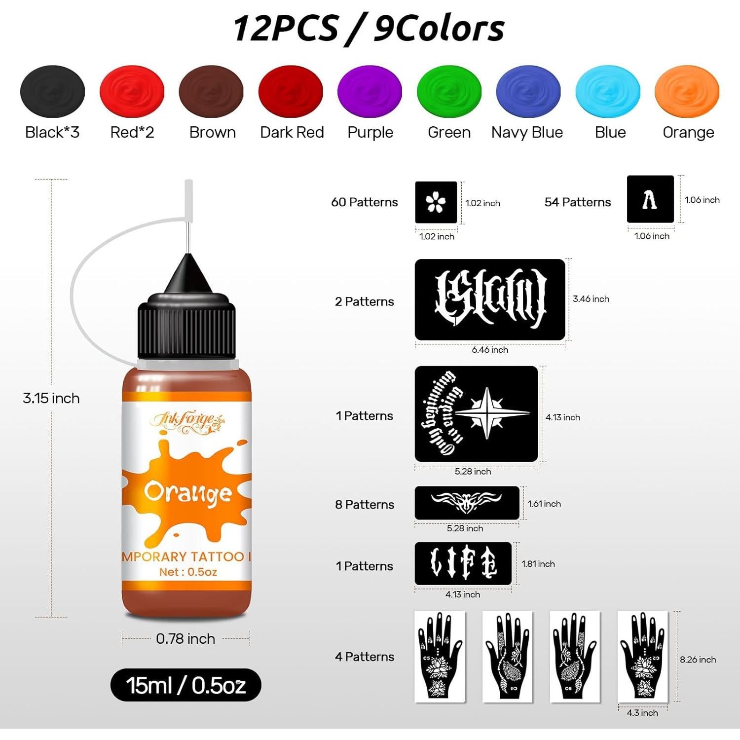 Kit de Tinta para Tatuajes Temporales InkForge - 12 Colores y 128 Plantillas