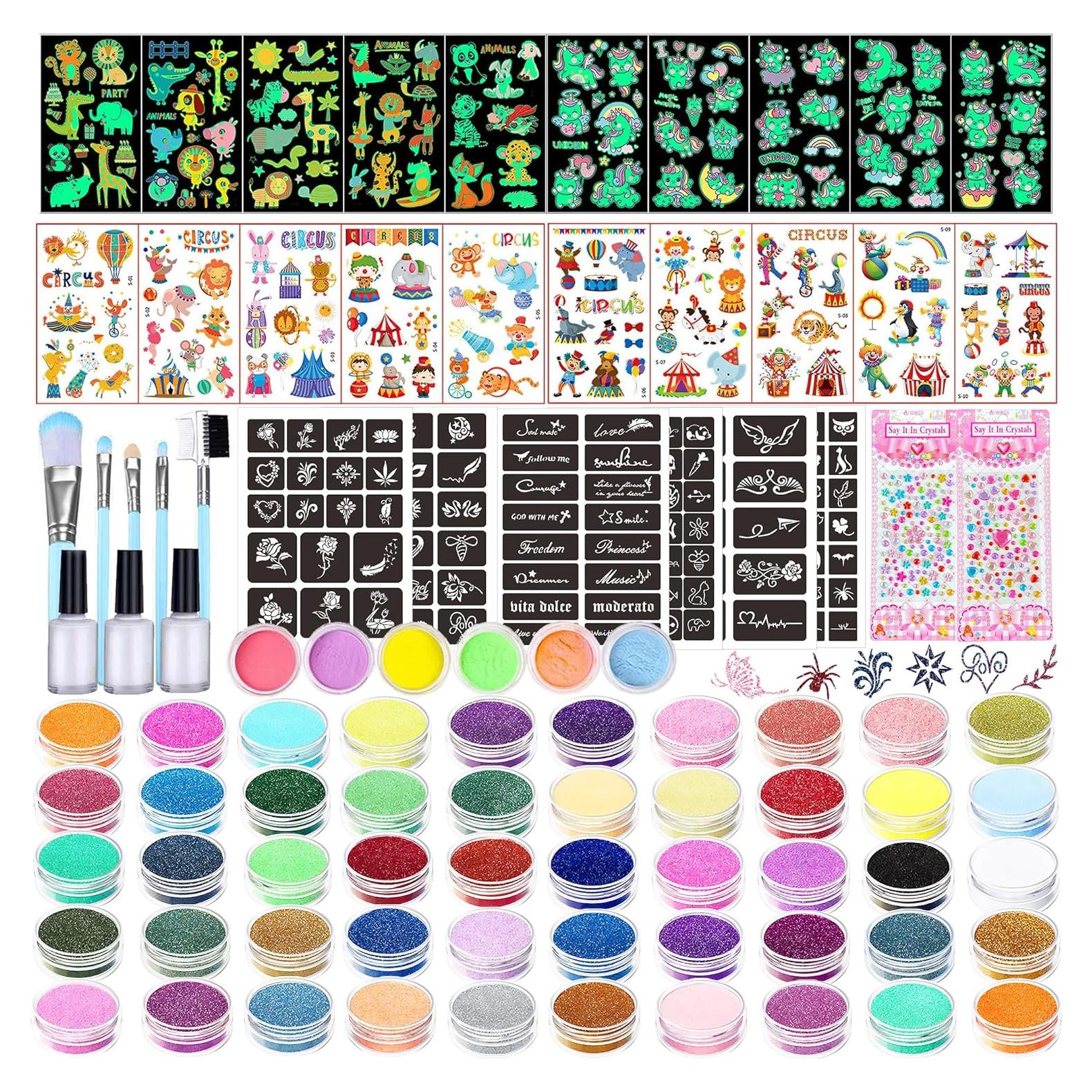 Kit de Tatuajes de Purpurina TEUVO 50 Colores y 132 Plantillas