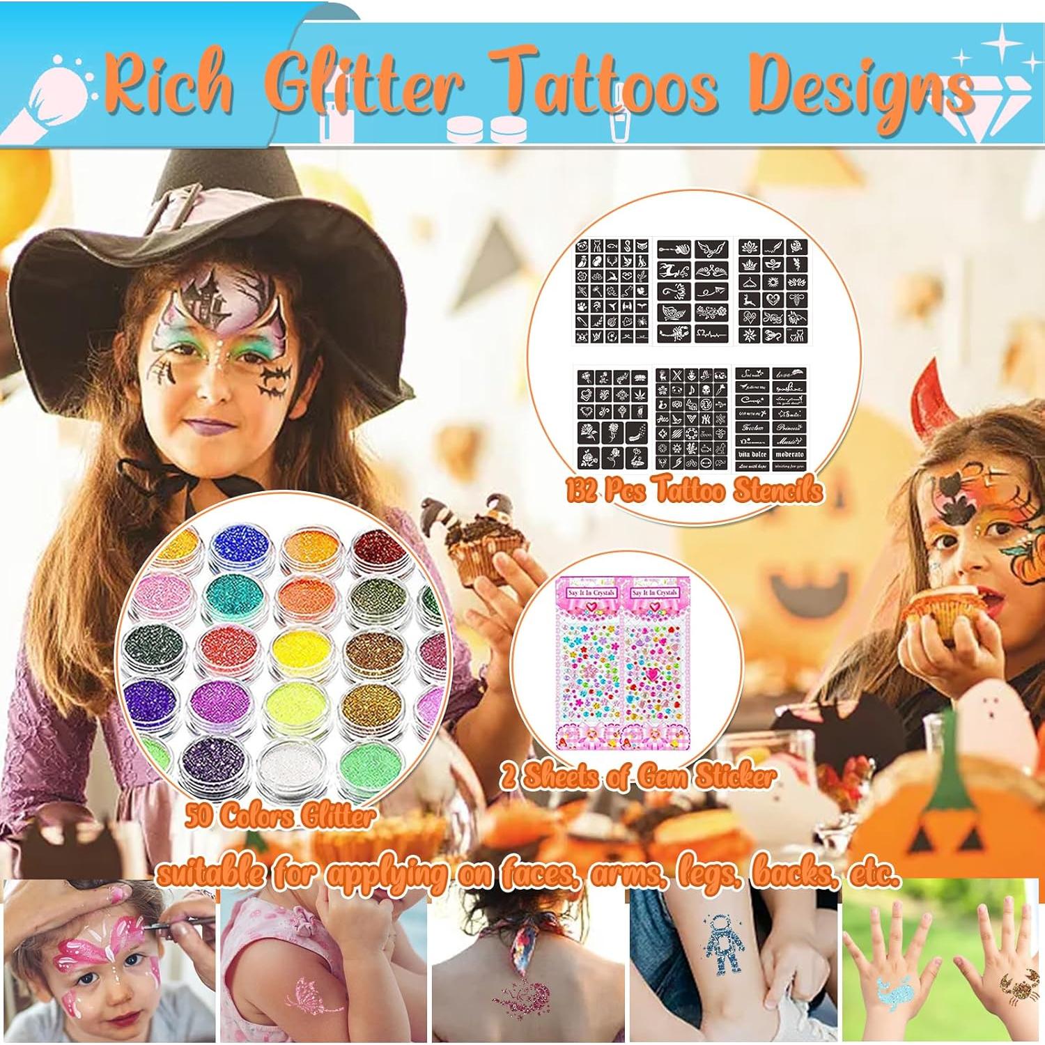 Kit de Tatuajes de Purpurina TEUVO 50 Colores y 132 Plantillas