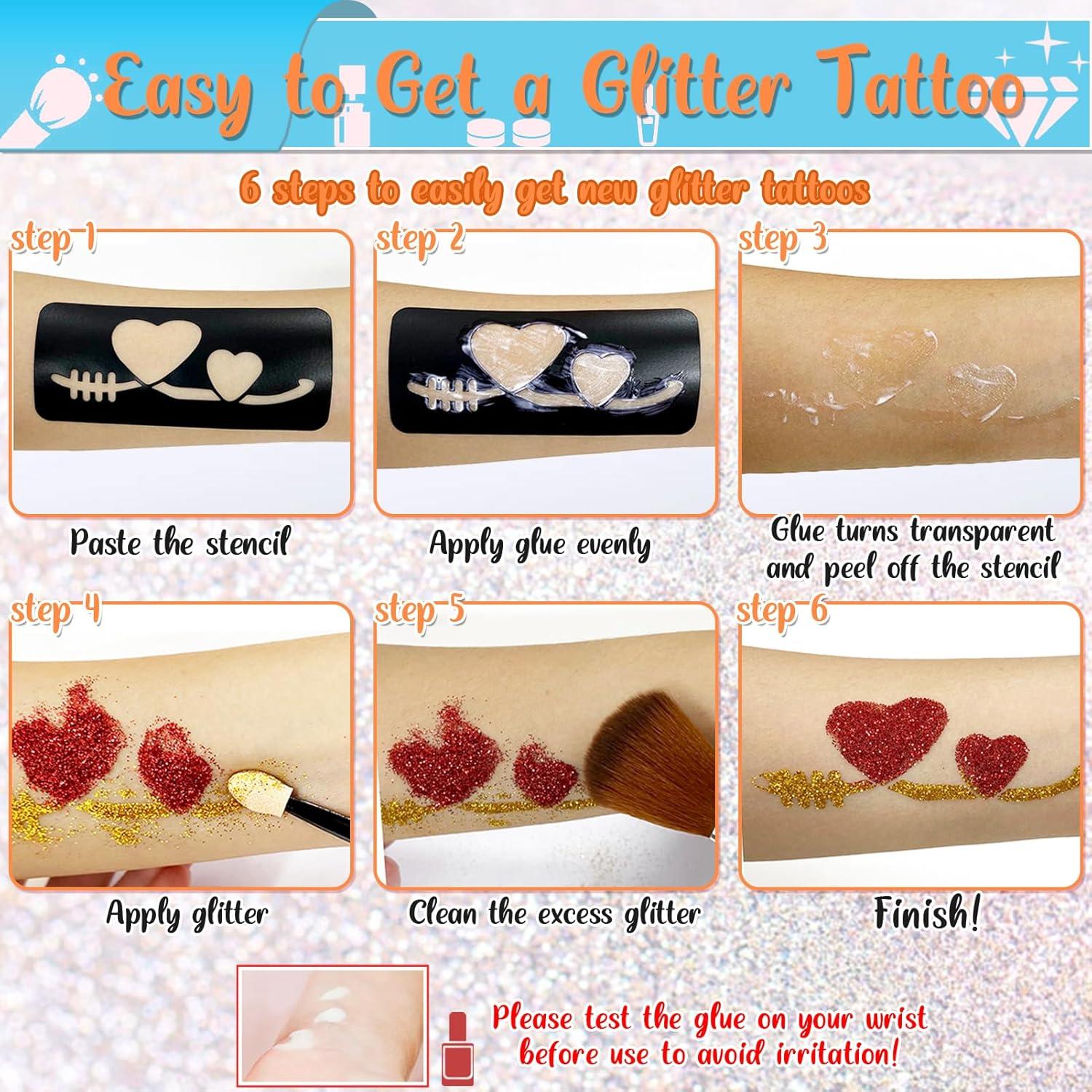 Kit de Tatuajes de Purpurina TEUVO 50 Colores y 132 Plantillas