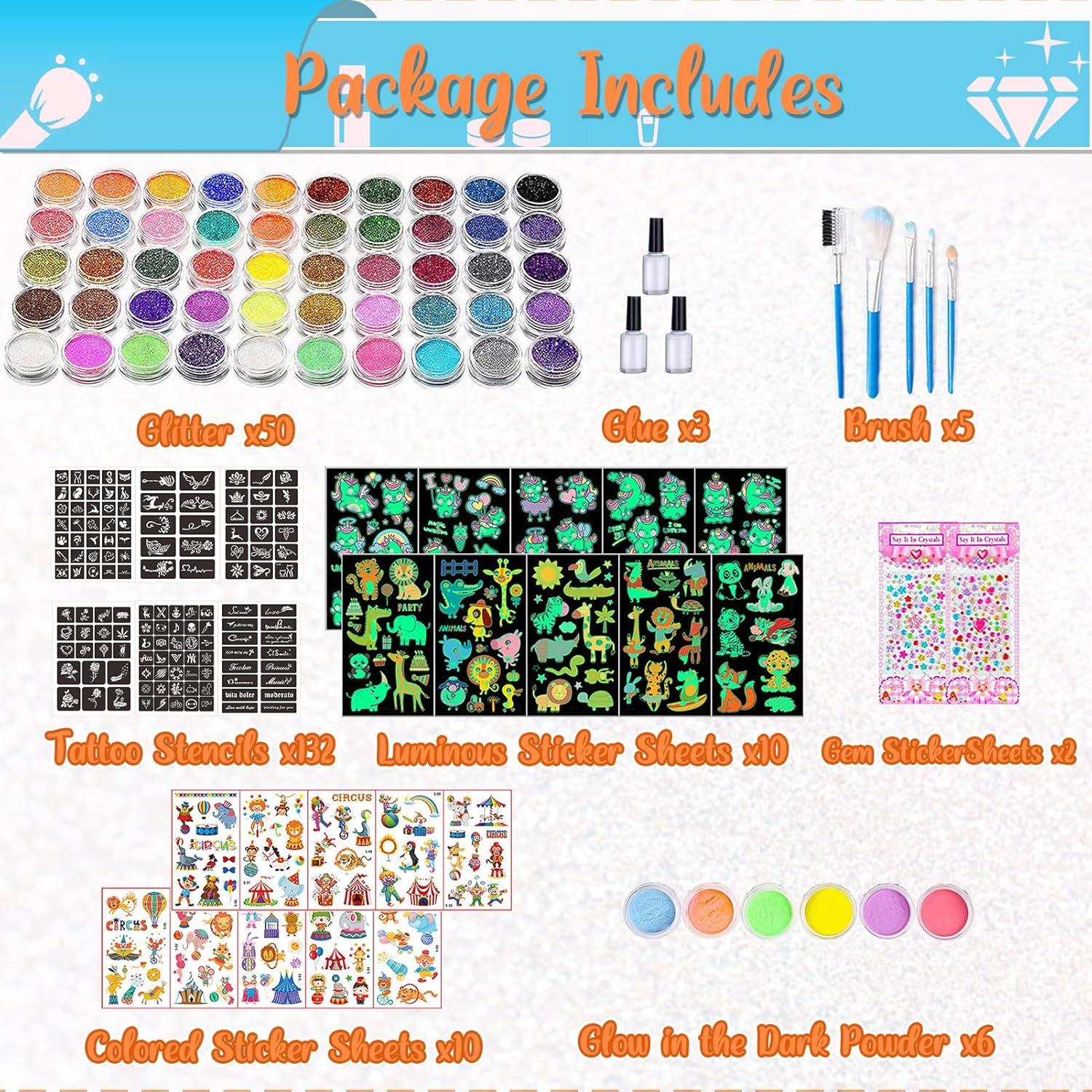 Kit de Tatuajes de Purpurina TEUVO 50 Colores y 132 Plantillas