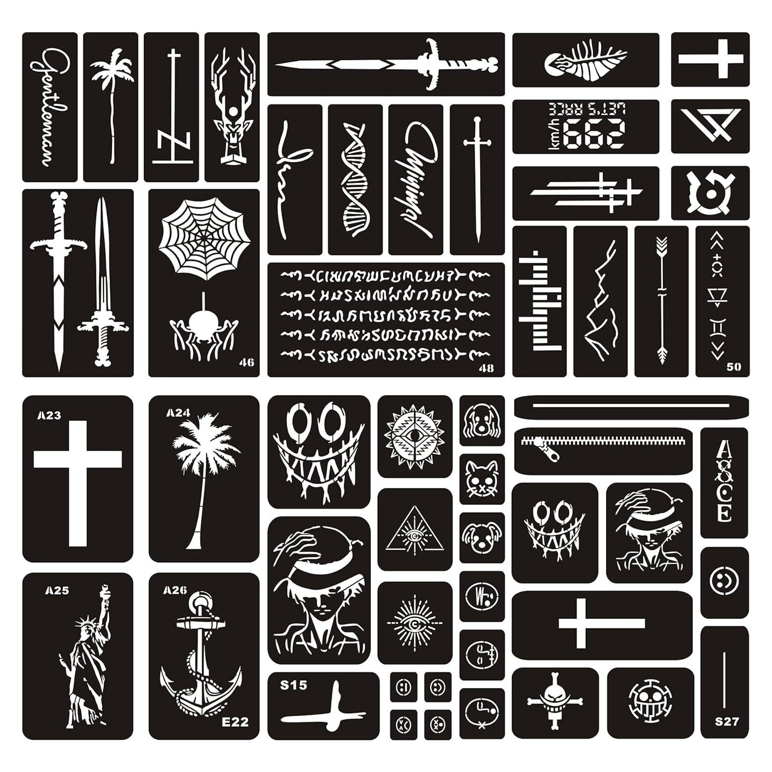 Kit de Plantillas de Tatuaje Temporal KOTBS - 6 Hojas A4 con 52 Patrones