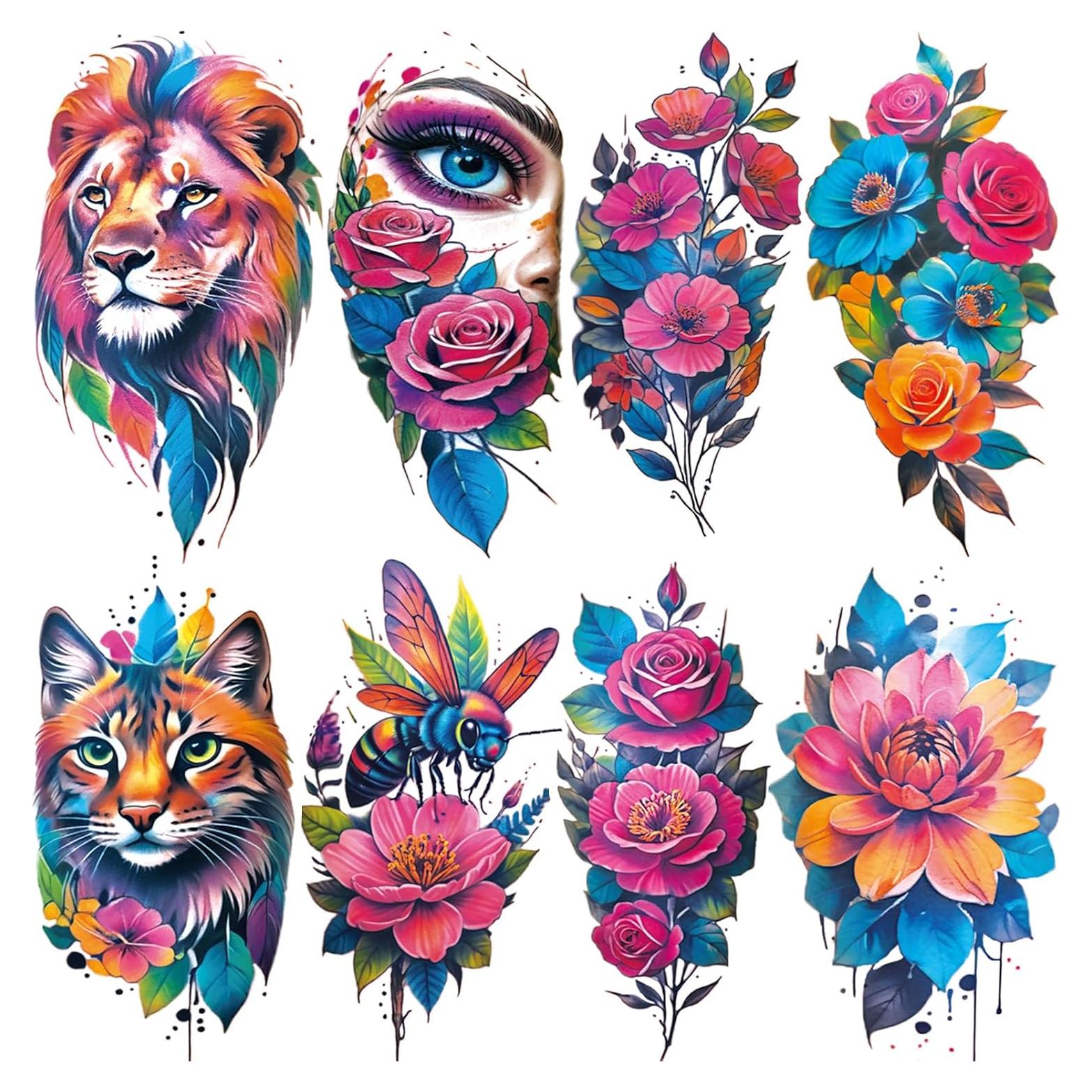 Tatuajes Temporales Acuarela Tazimi Flor León 3D 11.94x20.99cm