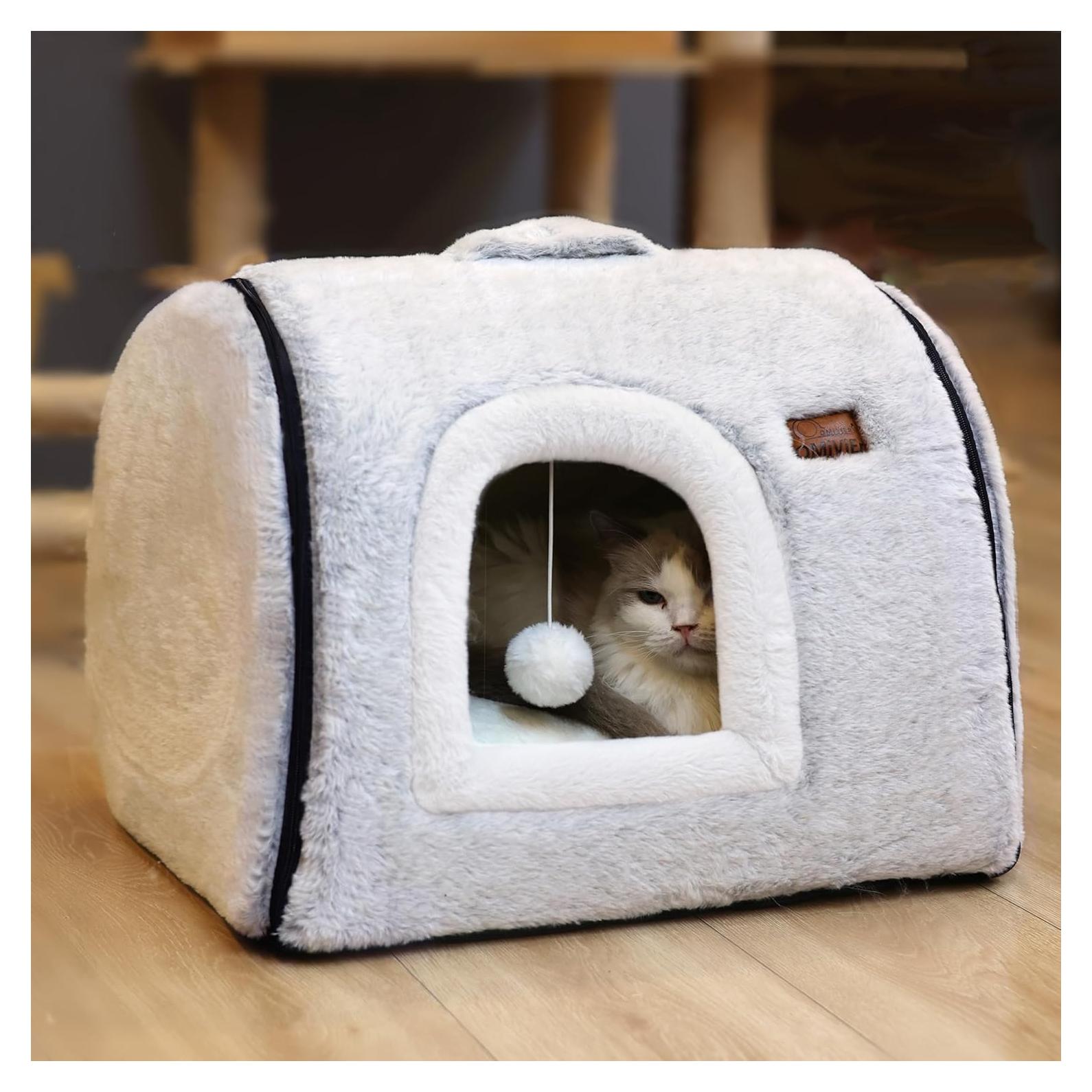 Cama para Gatos OMLIVLIES Cueva Gris con Almohada Lavable