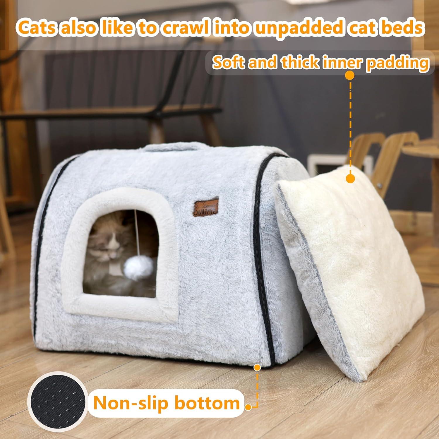 Cama para Gatos OMLIVLIES Cueva Gris con Almohada Lavable