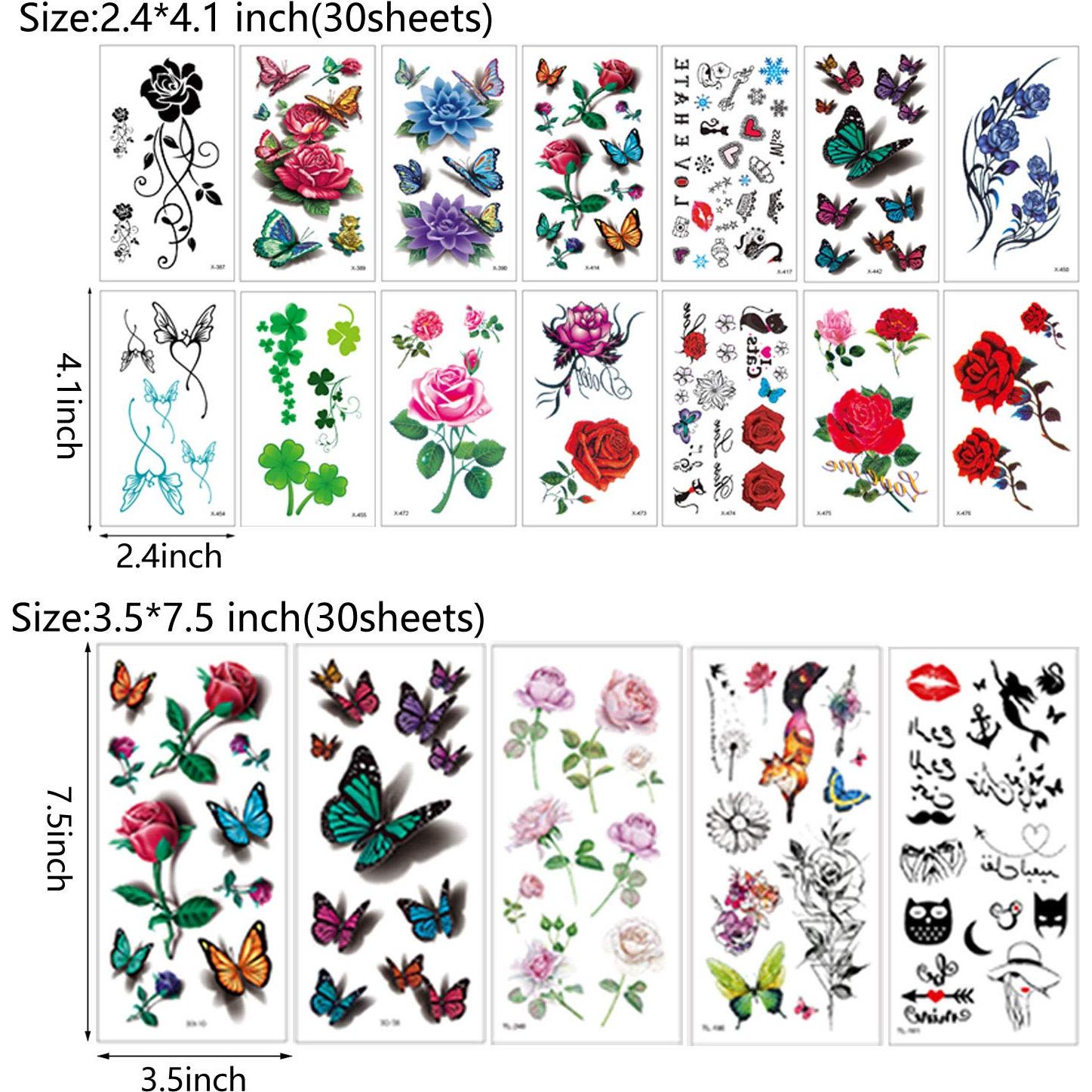 60 Hojas Tatuajes Temporales Impermeables Pinone - Flores y Mariposas