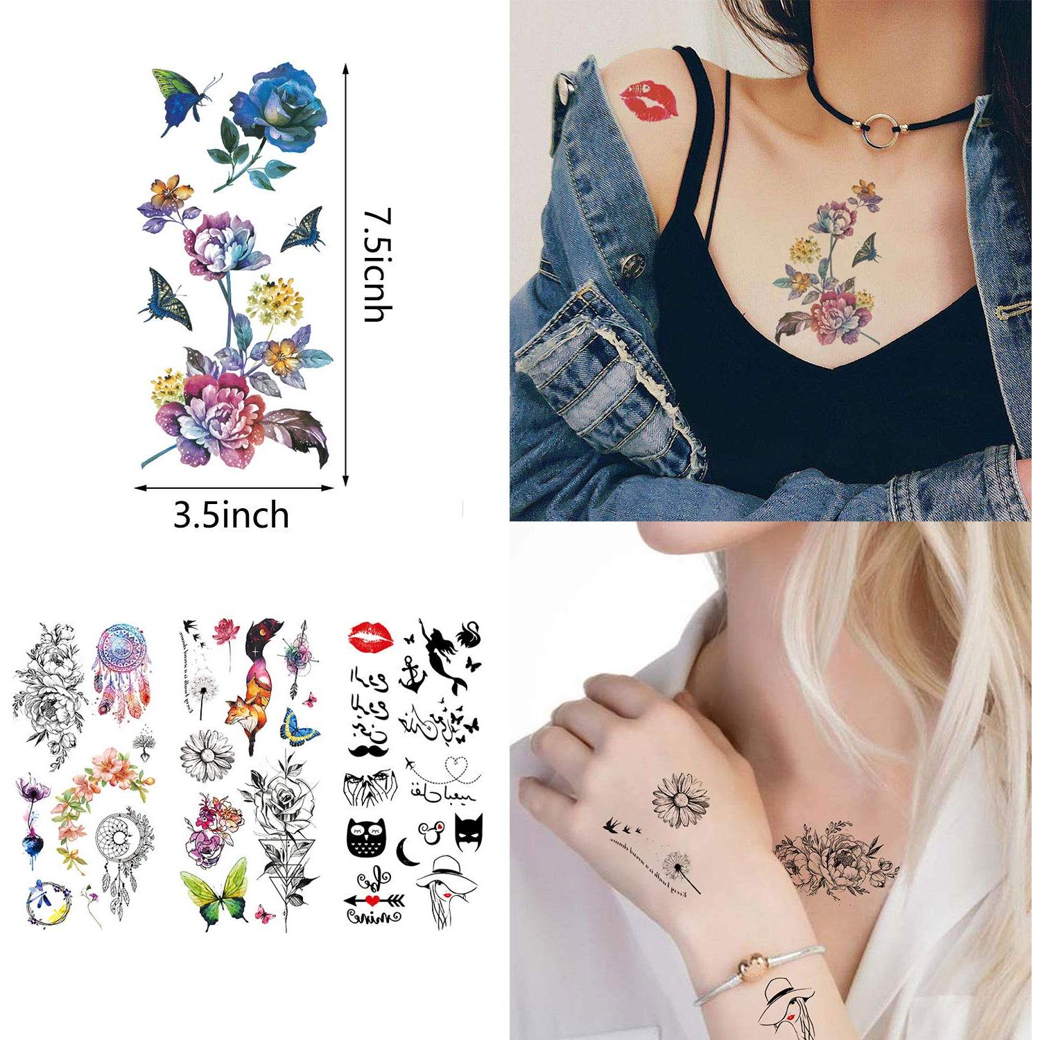 60 Hojas Tatuajes Temporales Impermeables Pinone - Flores y Mariposas