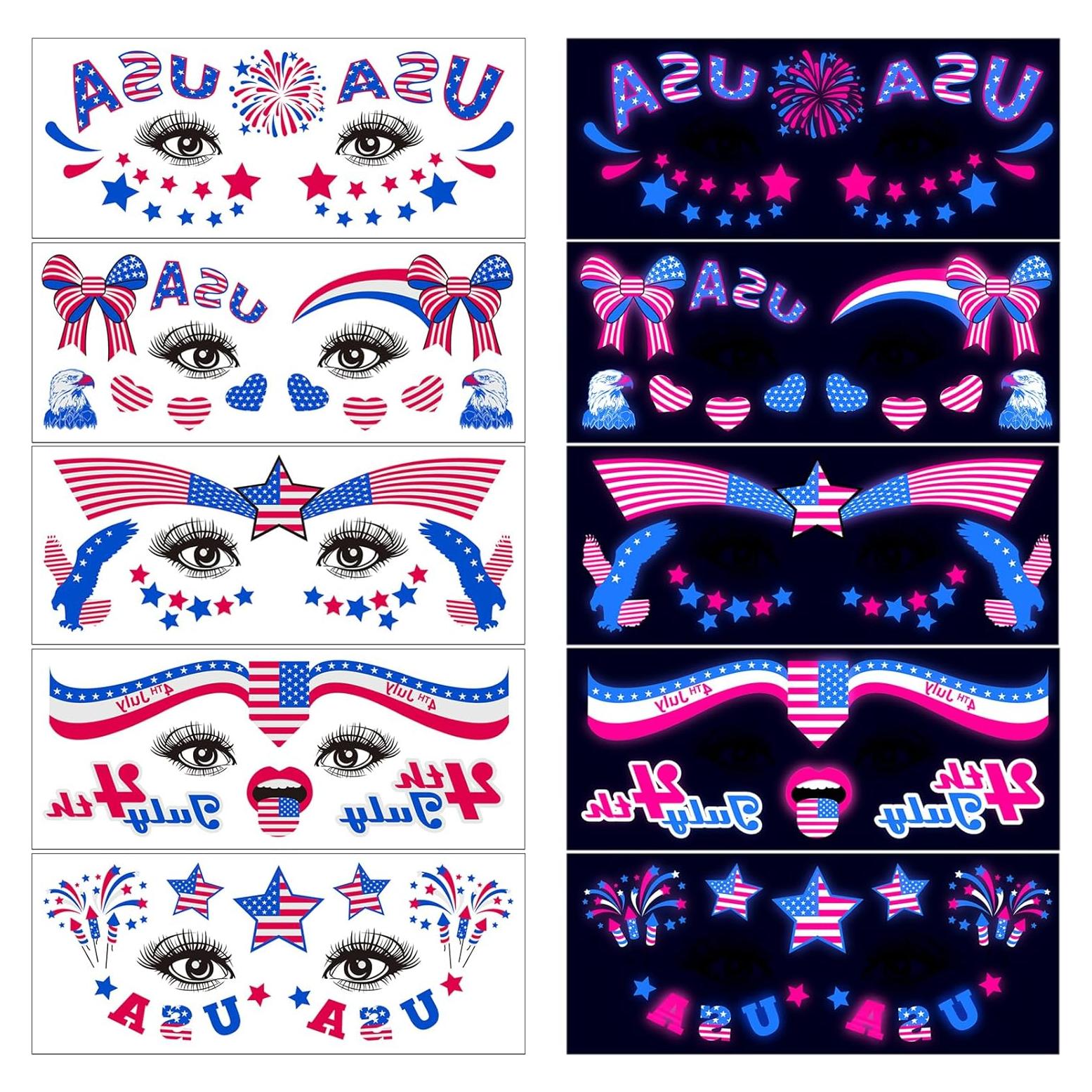 Luminous 4th of July Face Tattoo Sticker for Adult Kid, US Patriotic Fourth of July Decoration Temporary Face Tattoo Glow in the Dark, Star Bow Independence Day USA Temp Tatoo for Eye Makeup, 5-Sheet