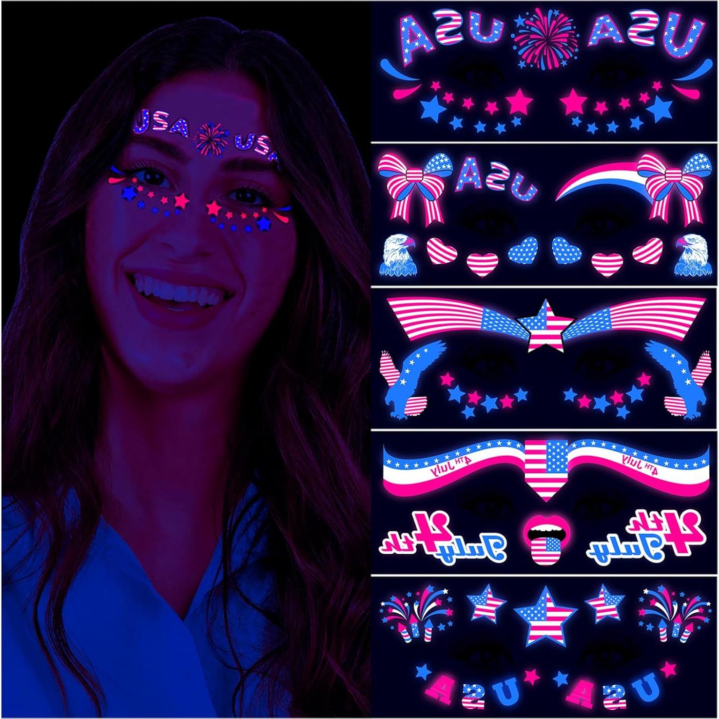 Luminous 4th of July Face Tattoo Sticker for Adult Kid, US Patriotic Fourth of July Decoration Temporary Face Tattoo Glow in the Dark, Star Bow Independence Day USA Temp Tatoo for Eye Makeup, 5-Sheet