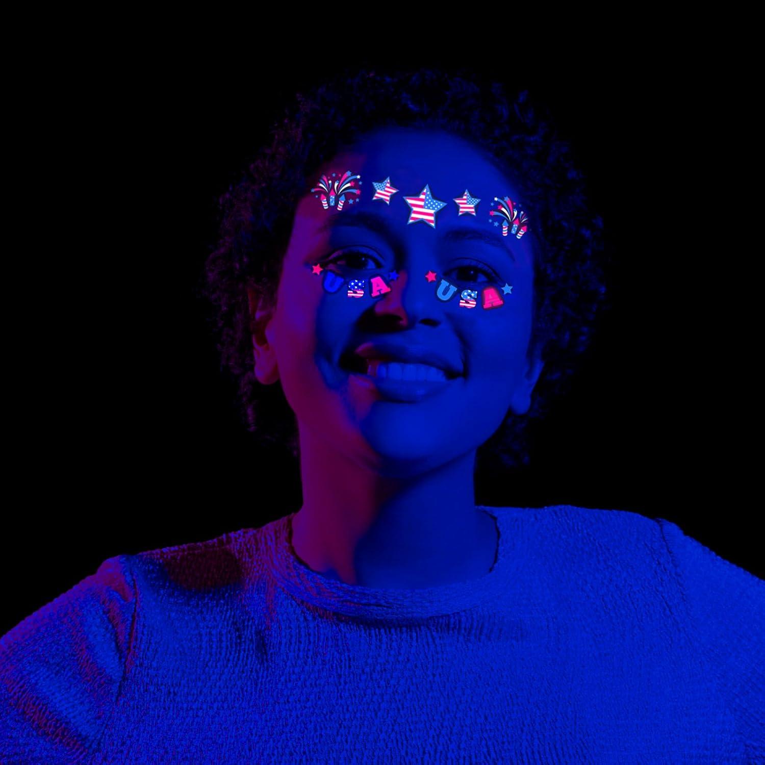 Luminous 4th of July Face Tattoo Sticker for Adult Kid, US Patriotic Fourth of July Decoration Temporary Face Tattoo Glow in the Dark, Star Bow Independence Day USA Temp Tatoo for Eye Makeup, 5-Sheet