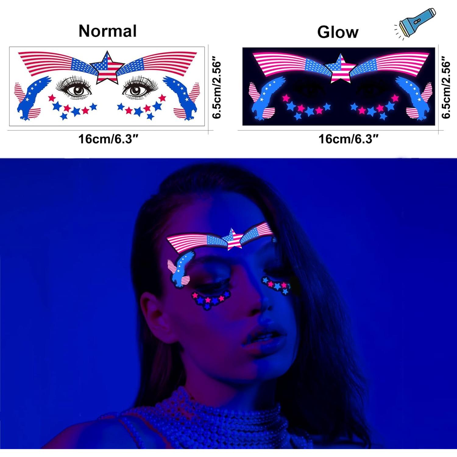 Luminous 4th of July Face Tattoo Sticker for Adult Kid, US Patriotic Fourth of July Decoration Temporary Face Tattoo Glow in the Dark, Star Bow Independence Day USA Temp Tatoo for Eye Makeup, 5-Sheet