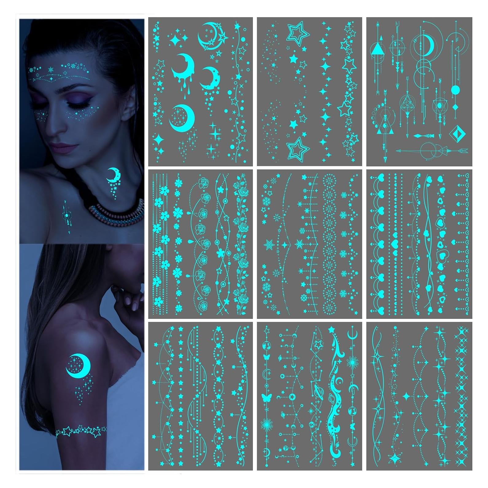 Tatuajes Temporales Brillantes Luna y Estrella Briyhose 9 Hojas