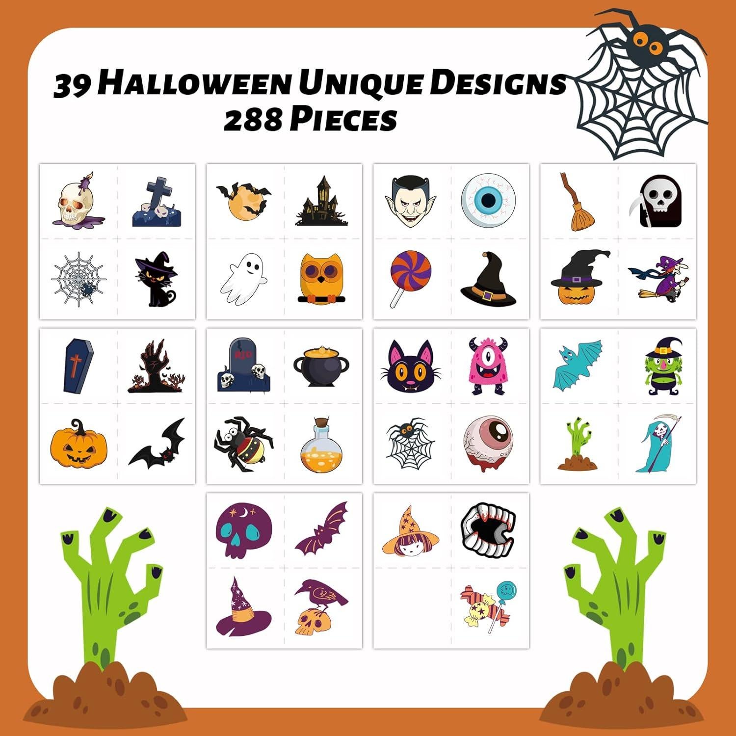 288 Tatuajes Temporales Halloween Niños - 39 Diseños Divertidos