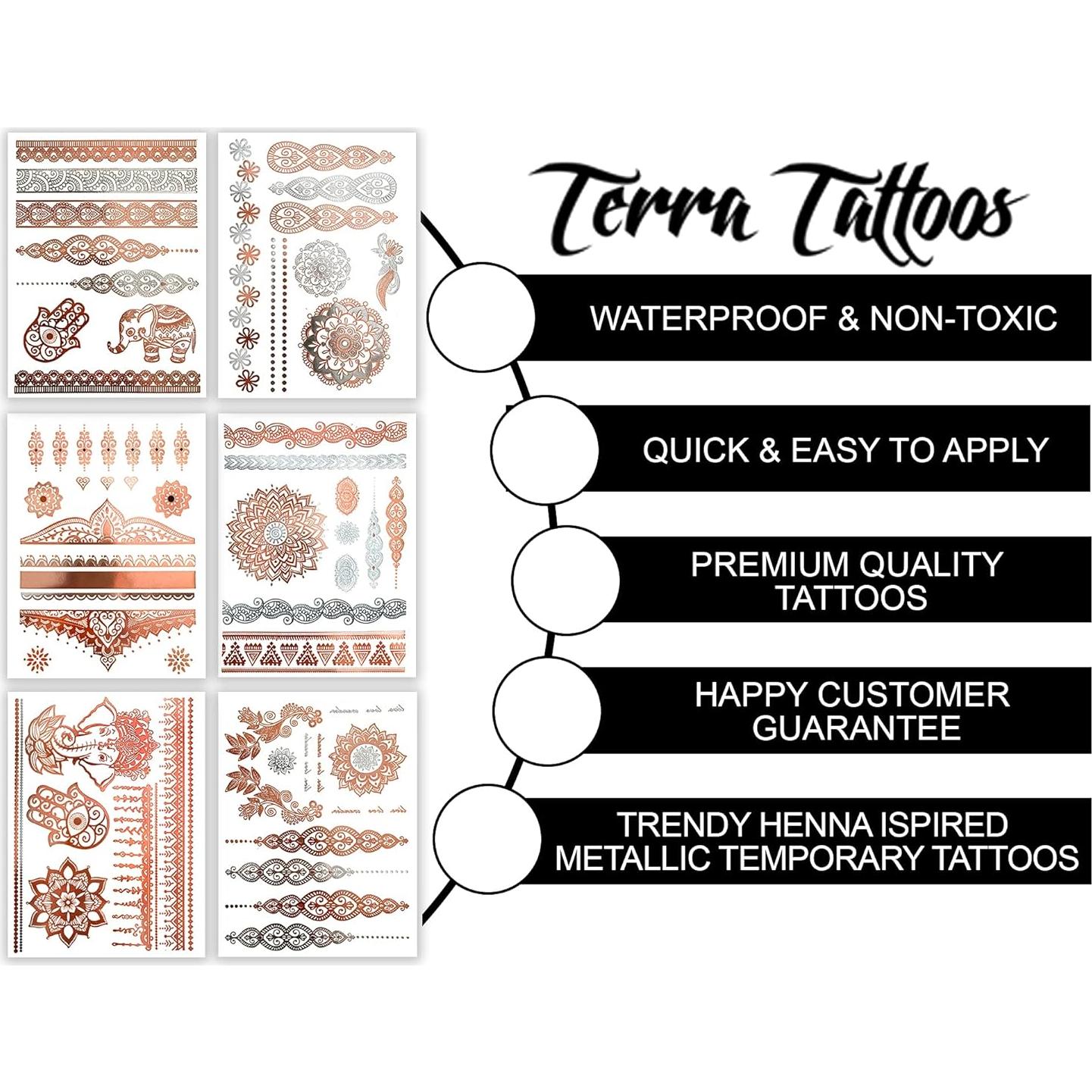 Tatuajes Temporales Henna Oro Rosa Terra - 75+ Diseños Impermeables