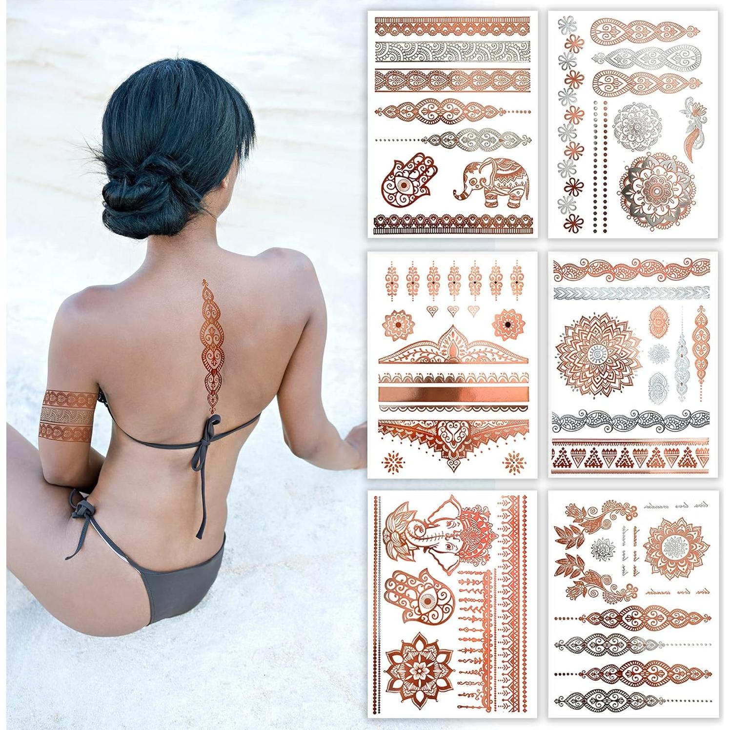 Tatuajes Temporales Henna Oro Rosa Terra - 75+ Diseños Impermeables