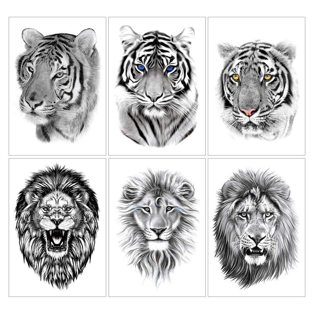 Tatuajes Temporales Tigre y León Glaryyears - 6 Hojas Impermeables