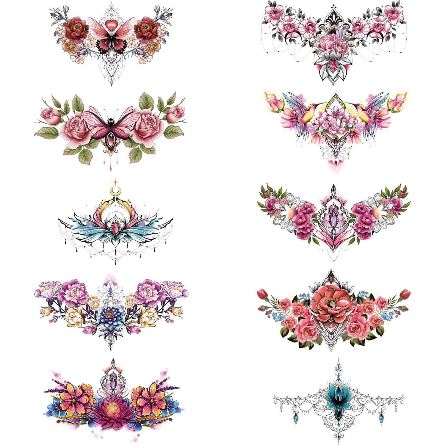 Tatuajes Temporales Florales Glaryyears - Paquete de 10 Hojas