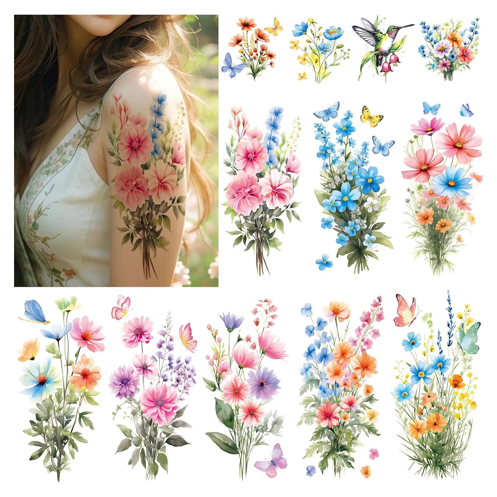 Tatuajes Temporales Acuarelados Tazimi - 24 Pegatinas de Flores