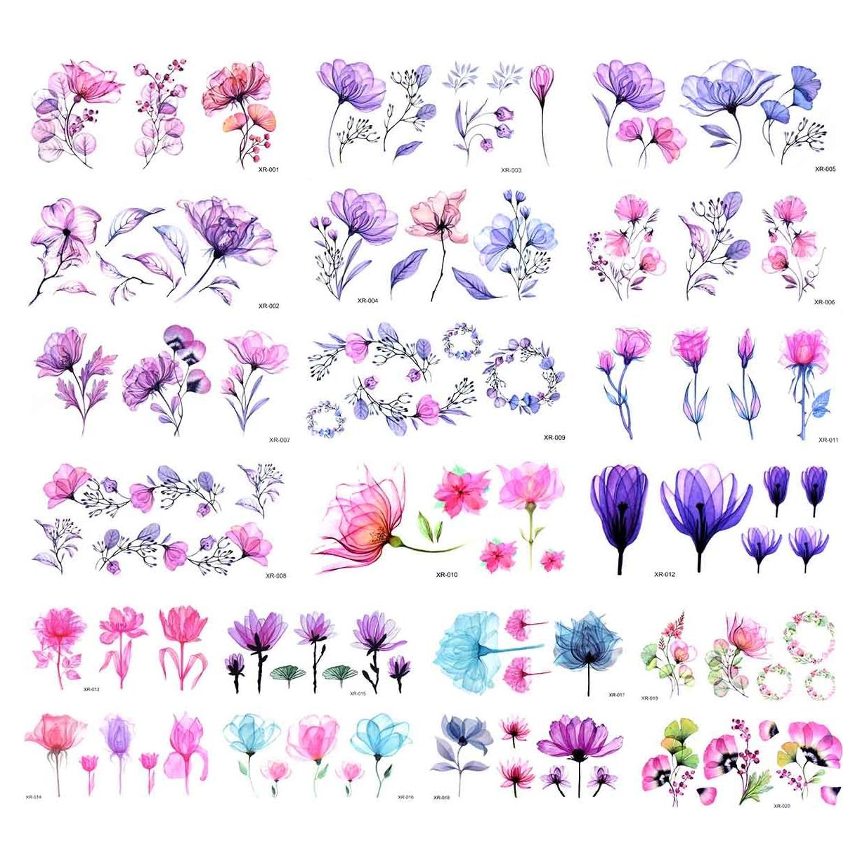 20 Hojas Tatuajes Temporales de Flores Acuarela Yuntop