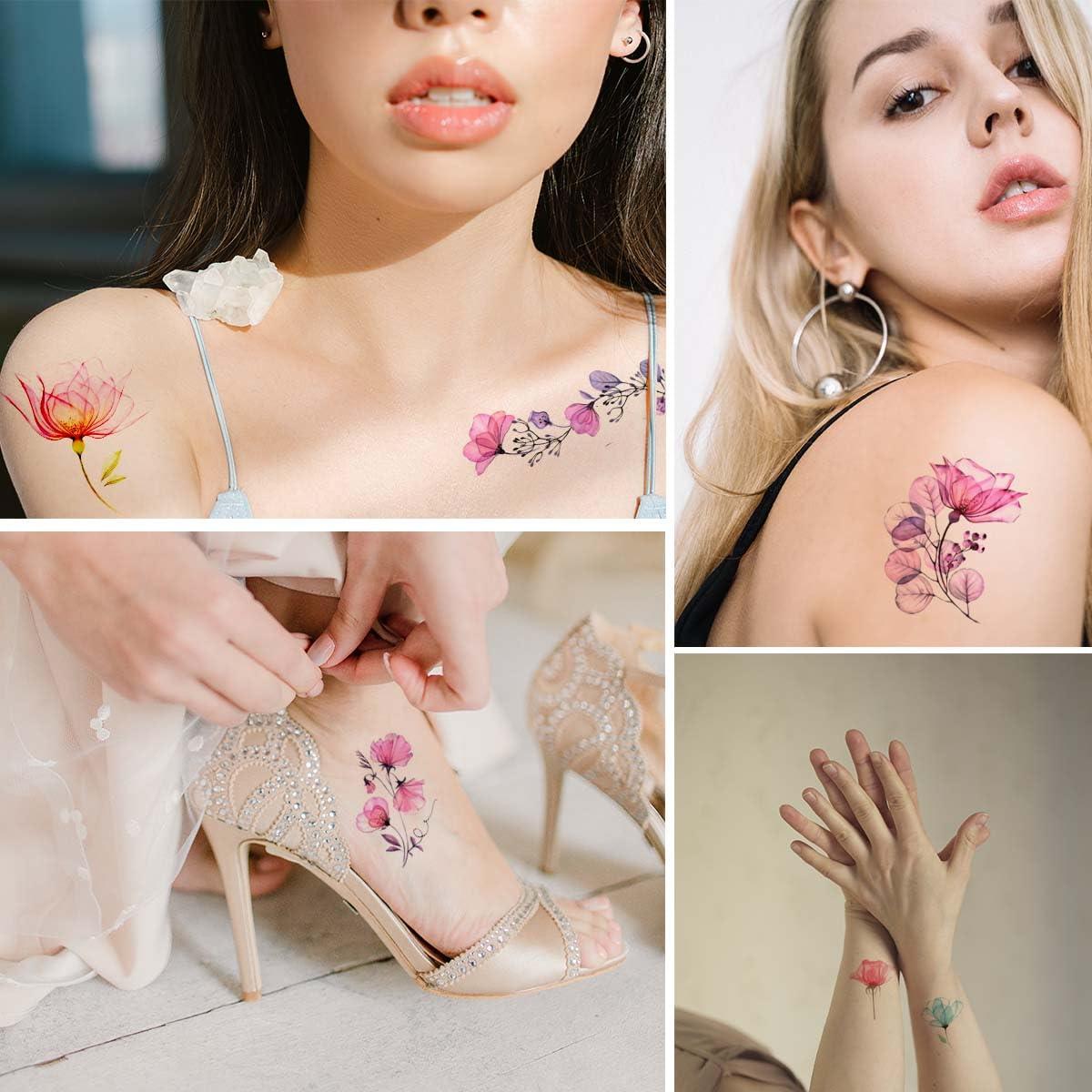 20 Hojas Tatuajes Temporales de Flores Acuarela Yuntop