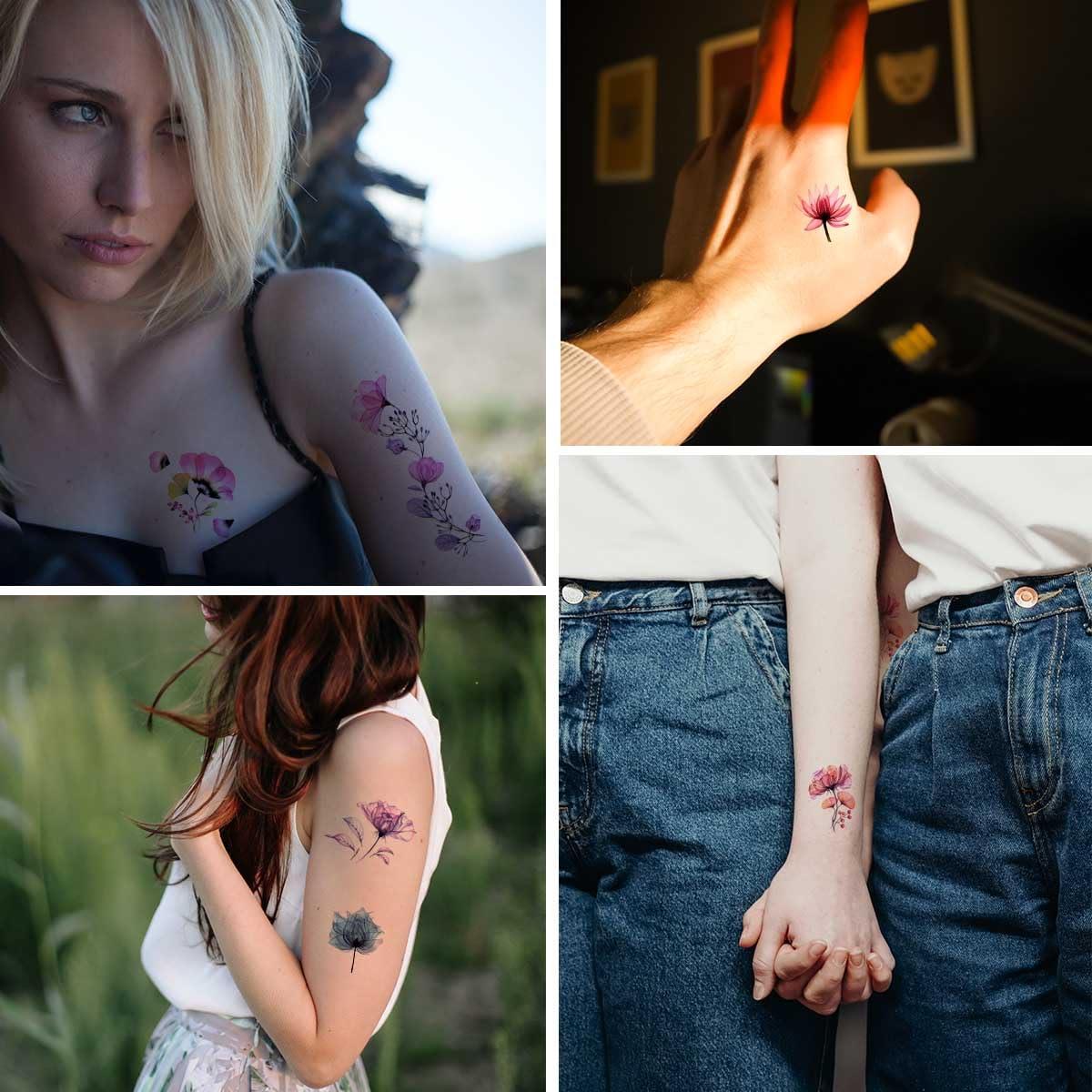 20 Hojas Tatuajes Temporales de Flores Acuarela Yuntop