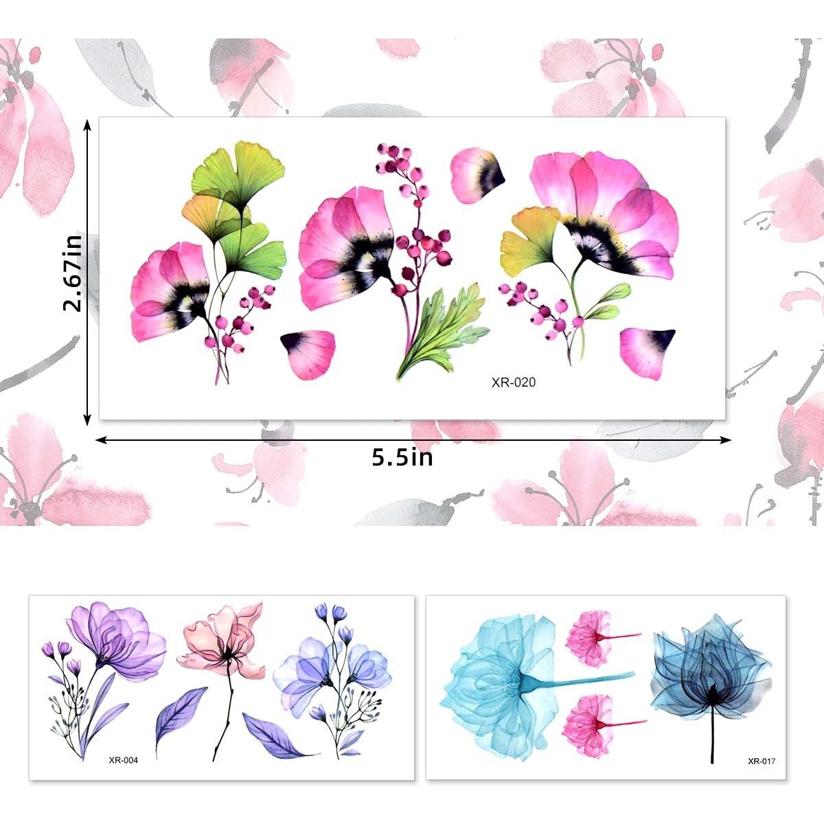 20 Hojas Tatuajes Temporales de Flores Acuarela Yuntop