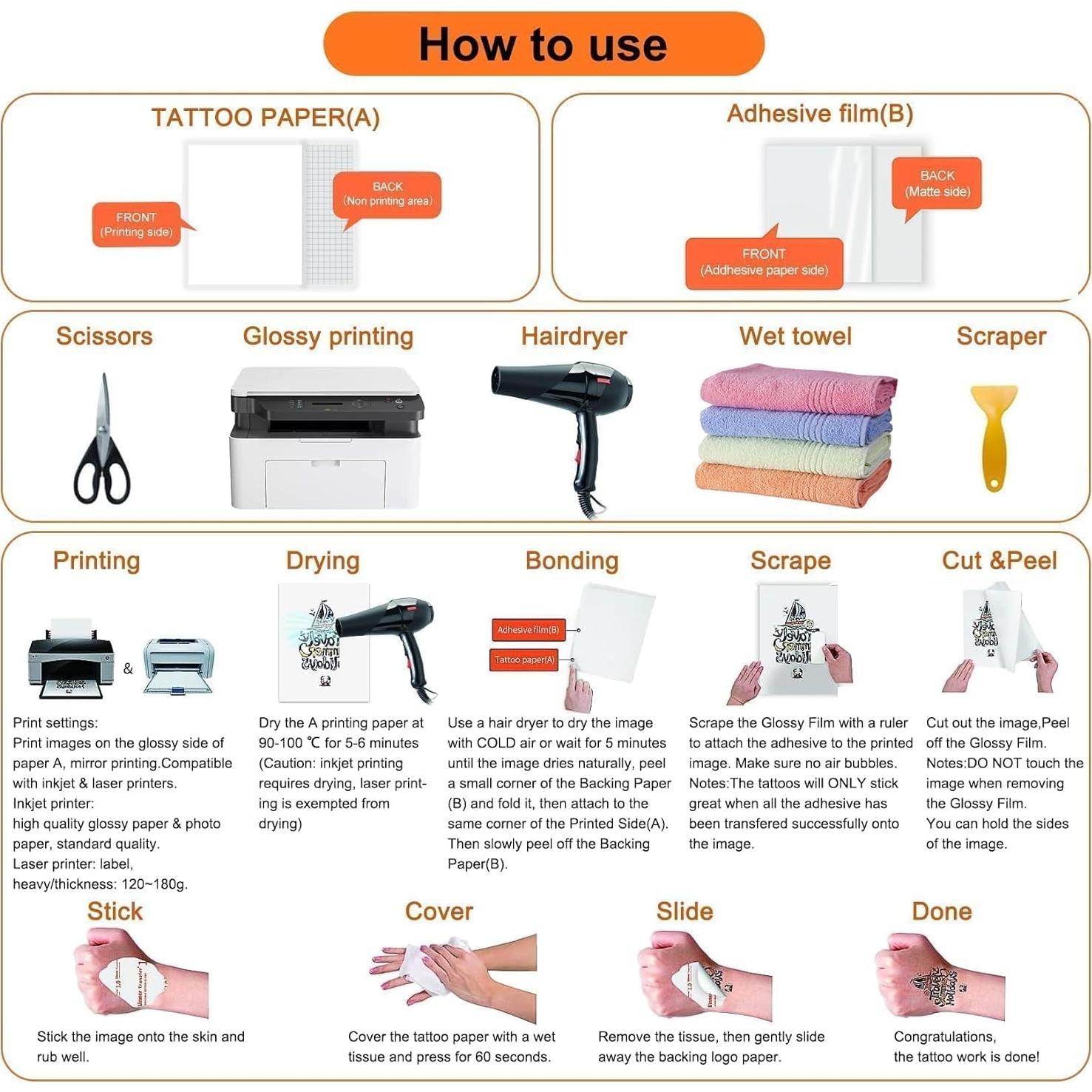 CARGEN Papel de Tatuaje Temporal Imprimible 10 Juegos 21.6x27.9cm