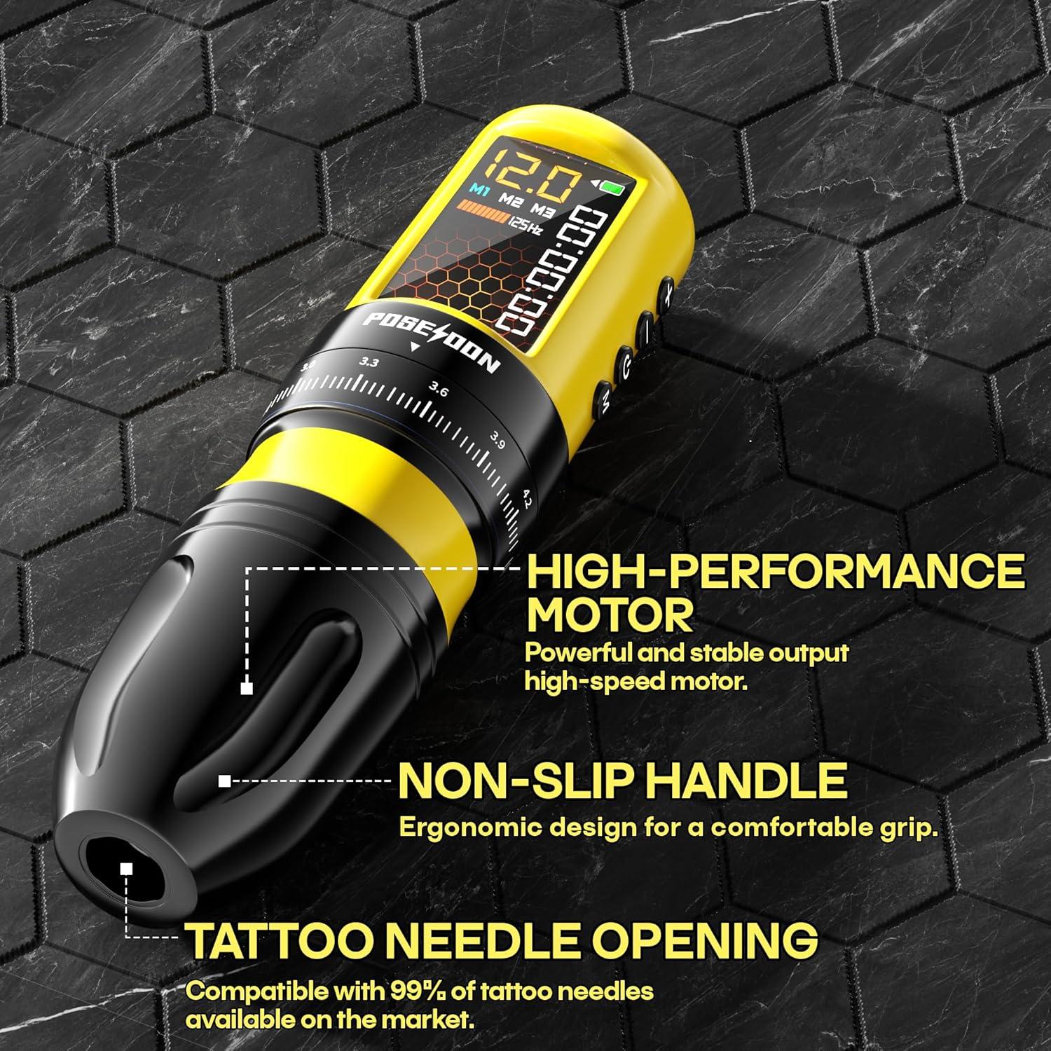 Kit de Tatuaje Inalámbrico Poseidon con 20 Agujas y 11 Tintas