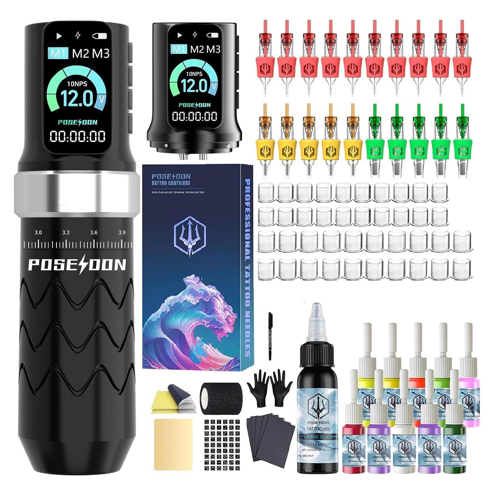 Kit de Tatuaje Inalámbrico Poseidon con 20 Agujas y 2 Baterías