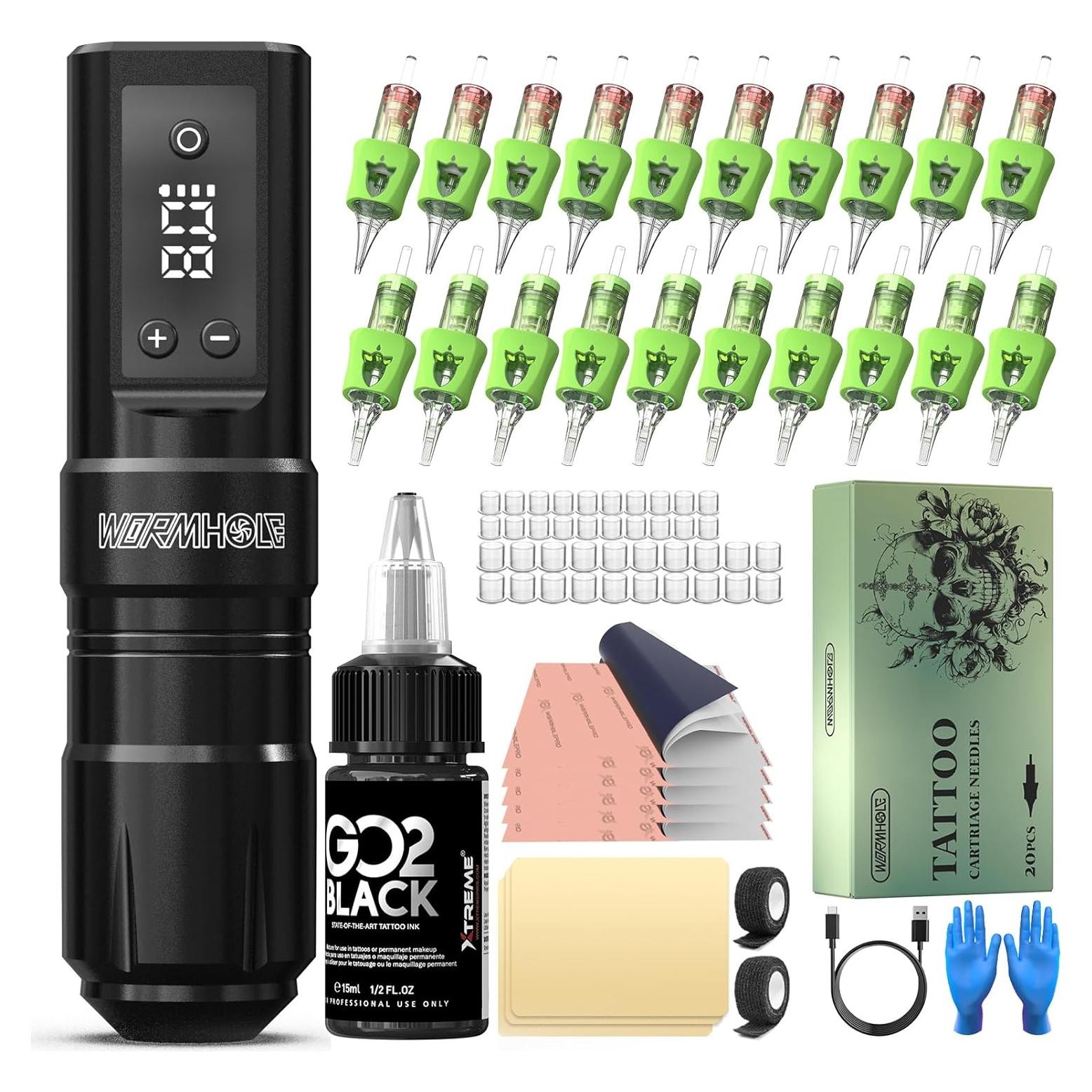 Kit de Tatuaje Inalámbrico Wormhole 73 Piezas con Batería 1300mAh