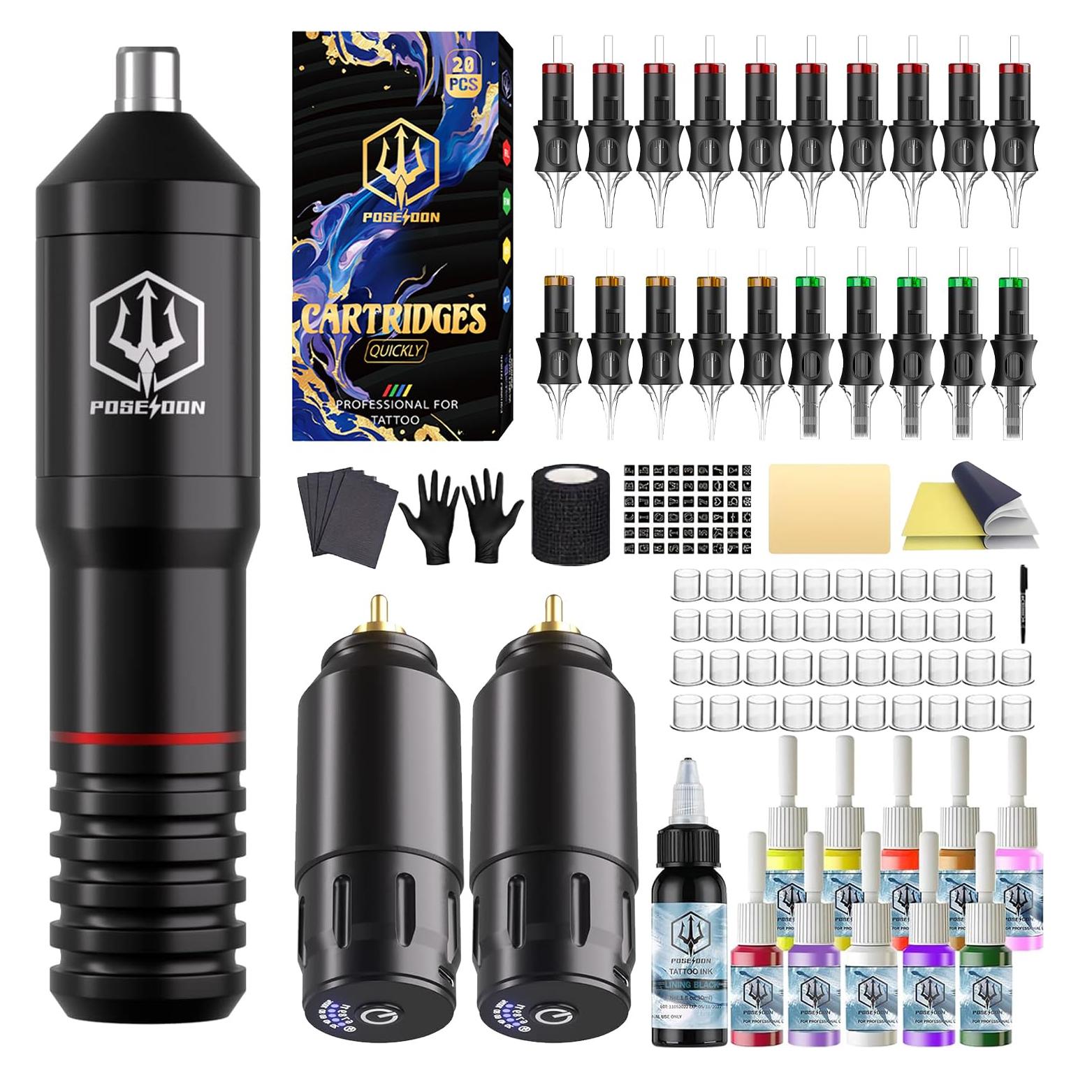 Kit de Tatuaje Inalámbrico POSEIDON con 20 Agujas y Tinta